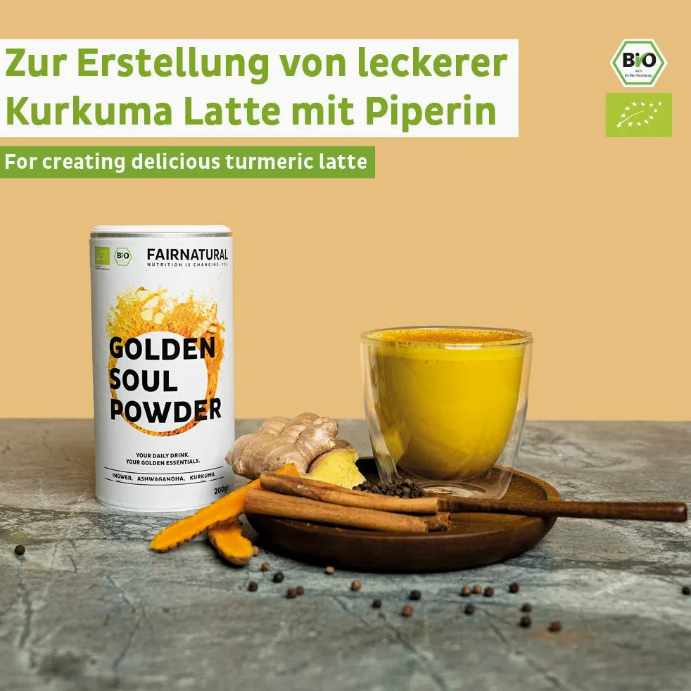 BIO Curcuma e Piperina Latte in polvere I Golden Milk alla curcuma in polvere con zenzero e molti altri superalimenti [dalla Germania] Immune-Boost & anti-infiammatori con curcumina - 200g