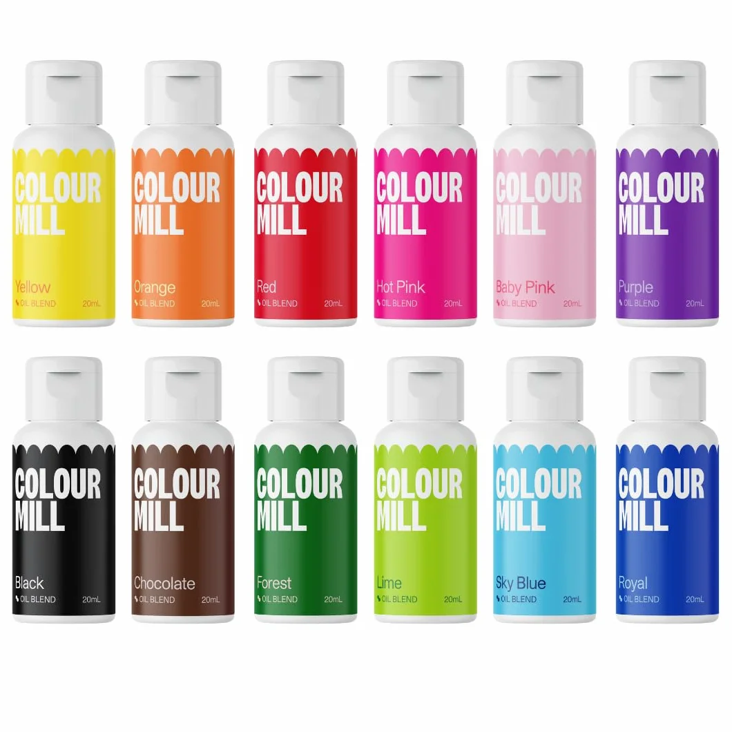 Colour Mill Oil Blend Food Colouring Set Kickstarter - Next Generation Food Colours: Yellow, Orange, Red, Hot Pink, Baby Pink, Purple, Blac, Chocolate, Forest, Lime, Sky Blue, Royal - Set 12 x 20 ml