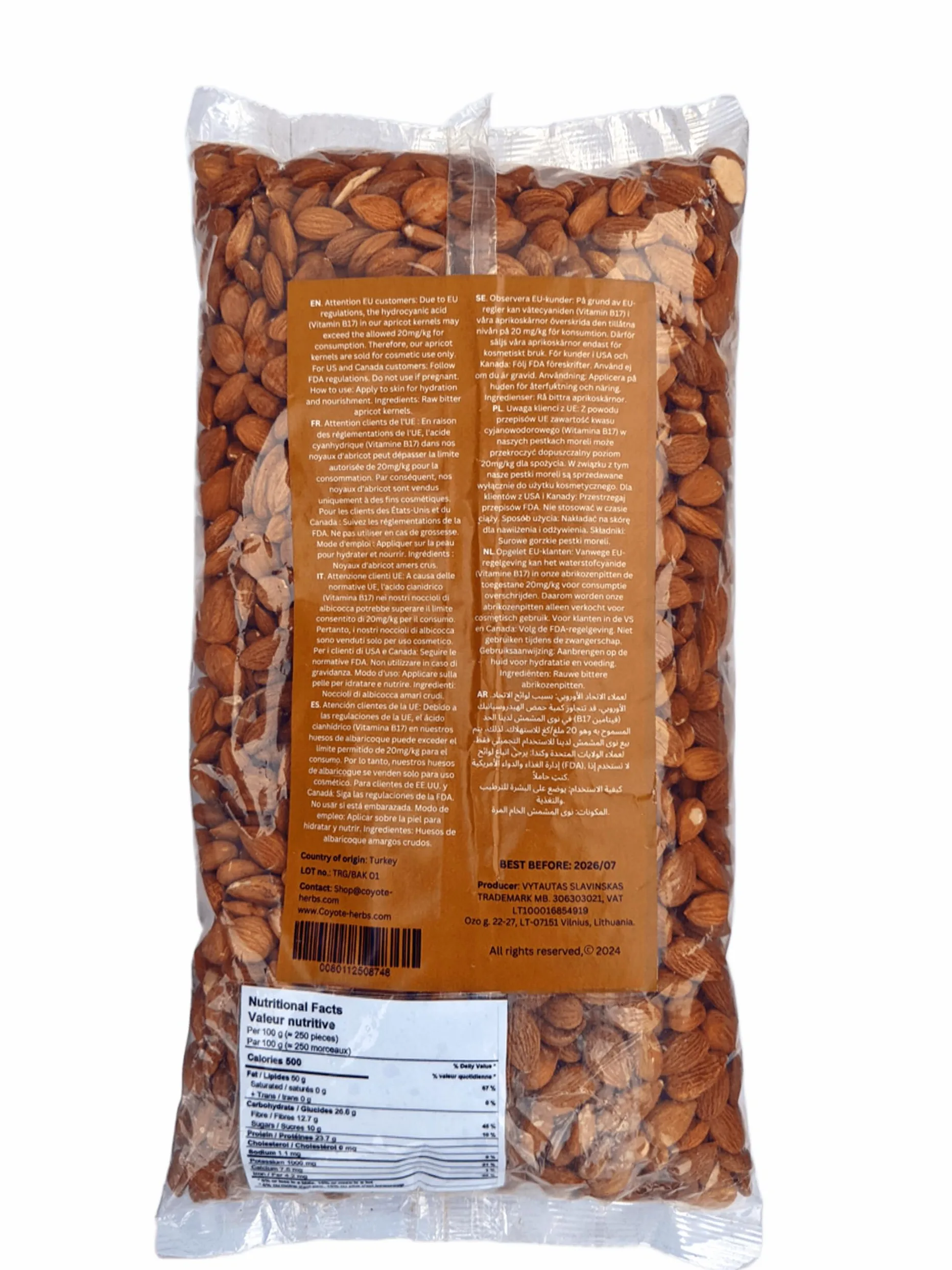 1,816 kg./semi di albicocca amari/Nocciolo di albicocca amaro e crudo/Vitamina b17/mandorle amare