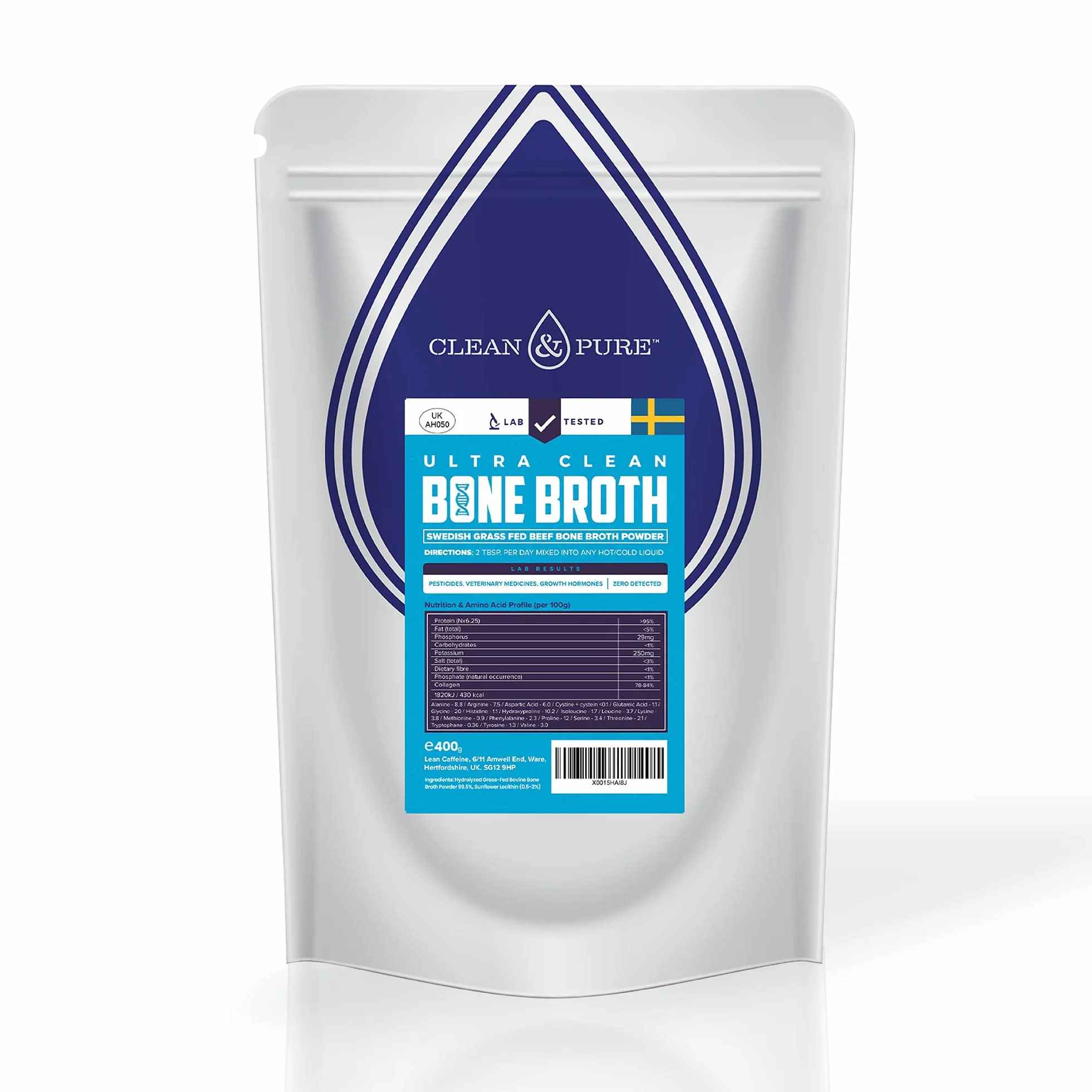 Clean and Pure Polvere di Brodo di Ossa 400g |Prodotto in Svezia | Beef Bone Broth Polvere Proteica Testato in Laboratorio UK | Proteine di Manzo 95% & Collagene Idrolizzato | Brodo di Ossa Grass Fed