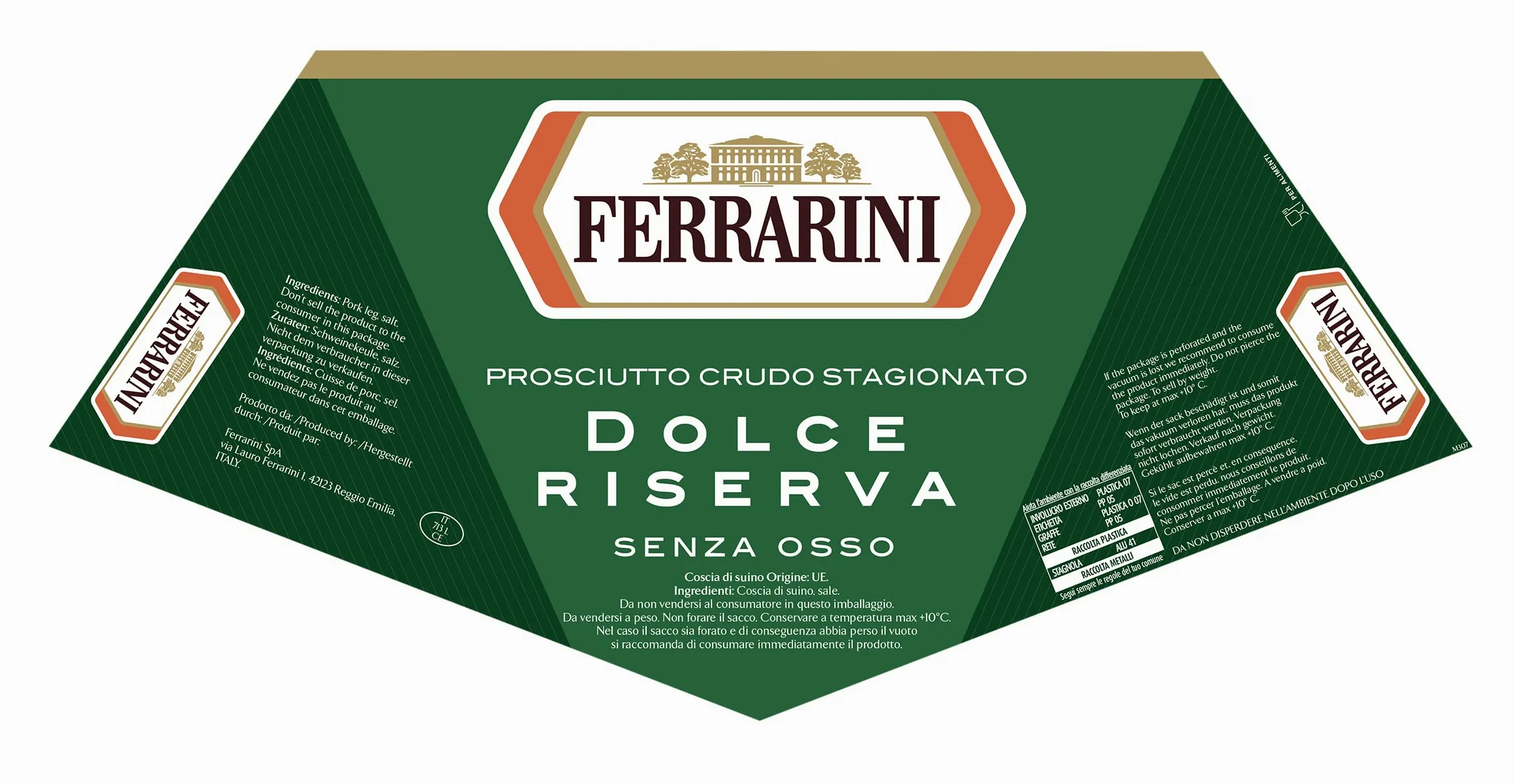 Ferrarini Prosciutto Crudo Stagionato Dolce Riserva Senza Osso, Crudo Stagionatura Min. 10 Mesi Pulito a Coltello, Forma Piatta, Peso Variabile, Per Gastronomie/Ristorazione, Pezzatura Tra 5,5 e 6,2Kg
