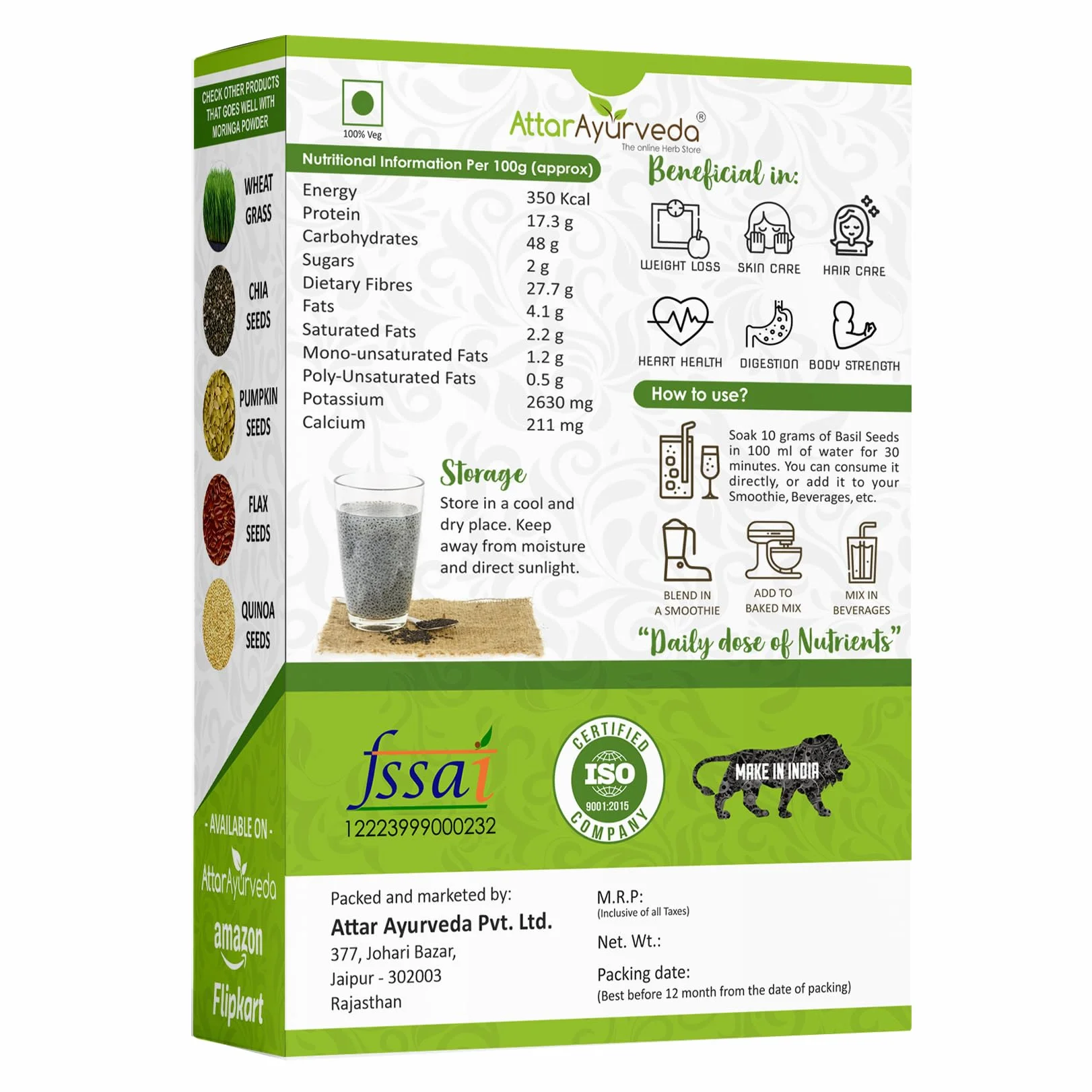 Attar Ayurveda Sabja Basil Seeds Rich in Protein, Fiber, Vitamins & Minerals Reduces Body Heat 100% Pure and Natural No Preservative Vegan Friendly Non-GMO 500gm