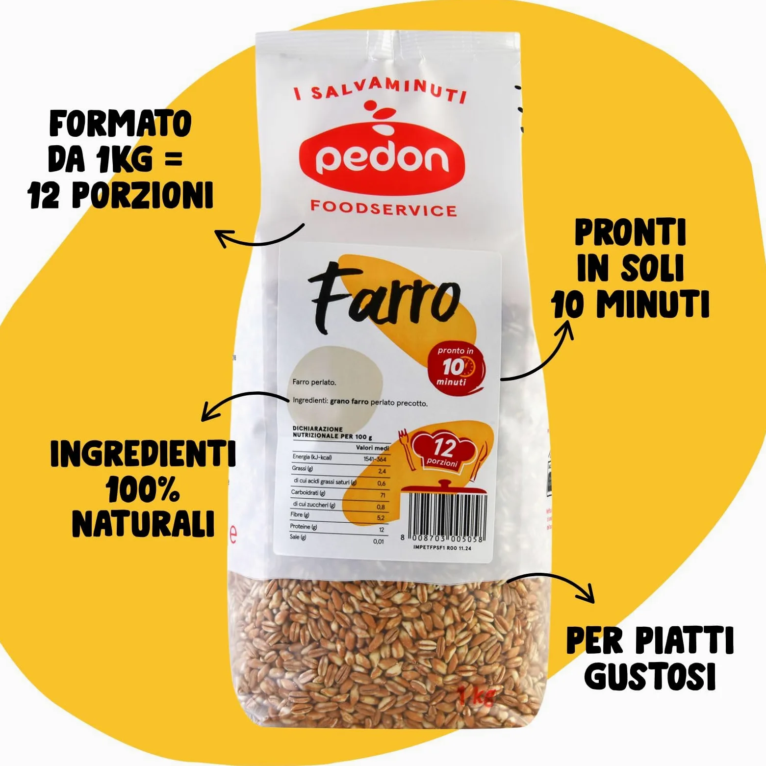 Pedon | I Salvaminuti Farro Perlato Precotto 1 kg x 6, Cereali a Rapida Cottura Naturali, Pronti in 10 Minuti
