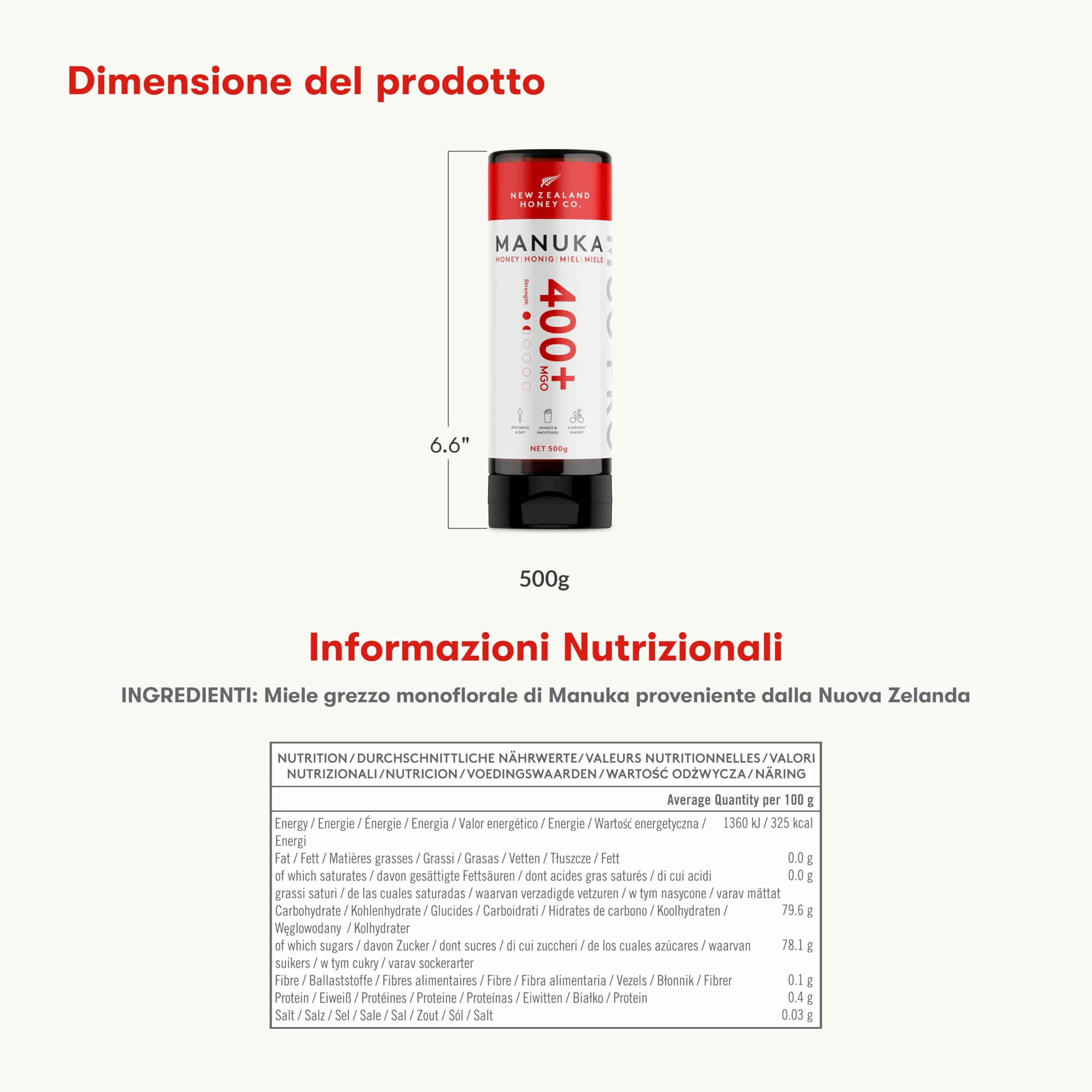 New Zealand Honey Co. Miele di Manuka MGO 400+ | Attivo e lordo | Prodotto in Nuova Zelanda | 500g