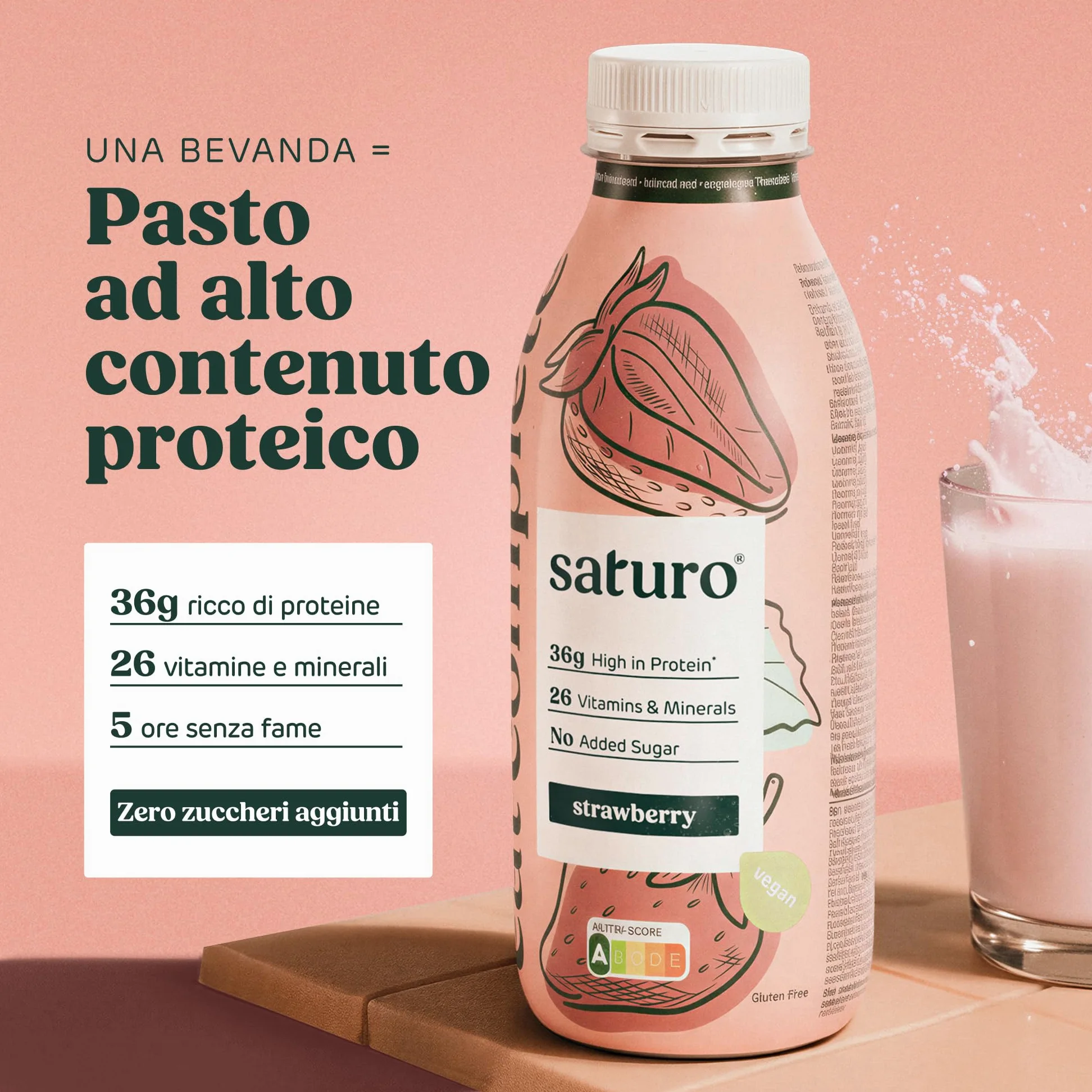 Saturo Pasto Sostitutivo Frullato Gusto Strawberry | 36 g di proteine & senza zucchero | 400 kcal | Vegano | Pasto Bevibile con Nutrienti Essenziali | Fragola | 6 x 400 ml