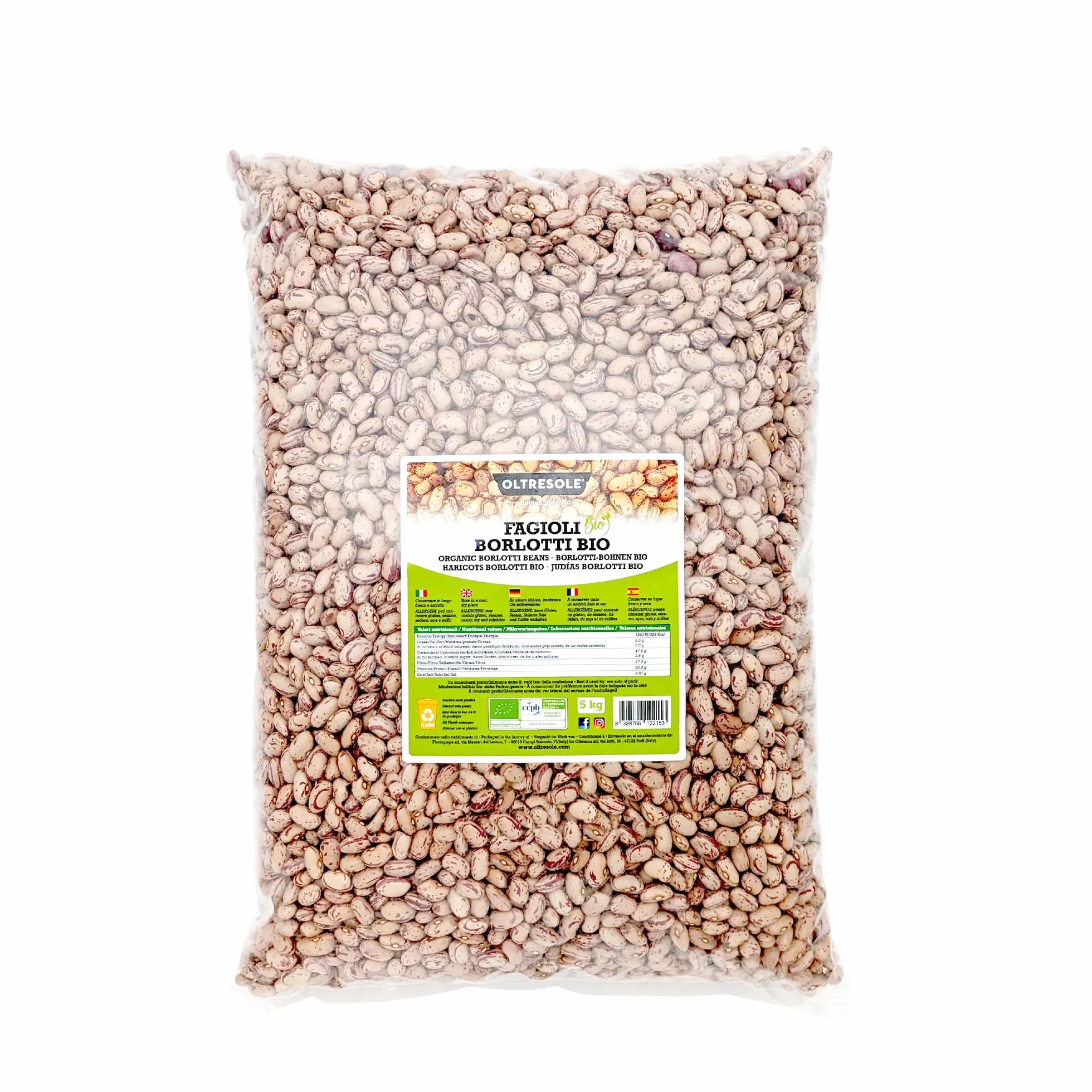 Oltresole, Fagioli Borlotti Biologici 5 Kg, Legumi Secchi Bio da Coltivazione Controllata, Ideali per Insalate, Zuppe, Minestre e Contorni, Formato Convenienza