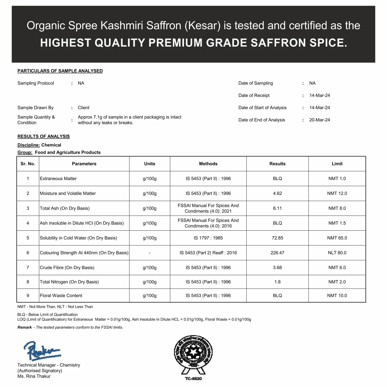 Zafferano Kesar Saffron del Kashmir biologico Spree 1 g (0,035 once) in fili puri e naturali l Dai migliori terreni agricoli di Pampore, zafferano Mongra certificato J&K di grado A+