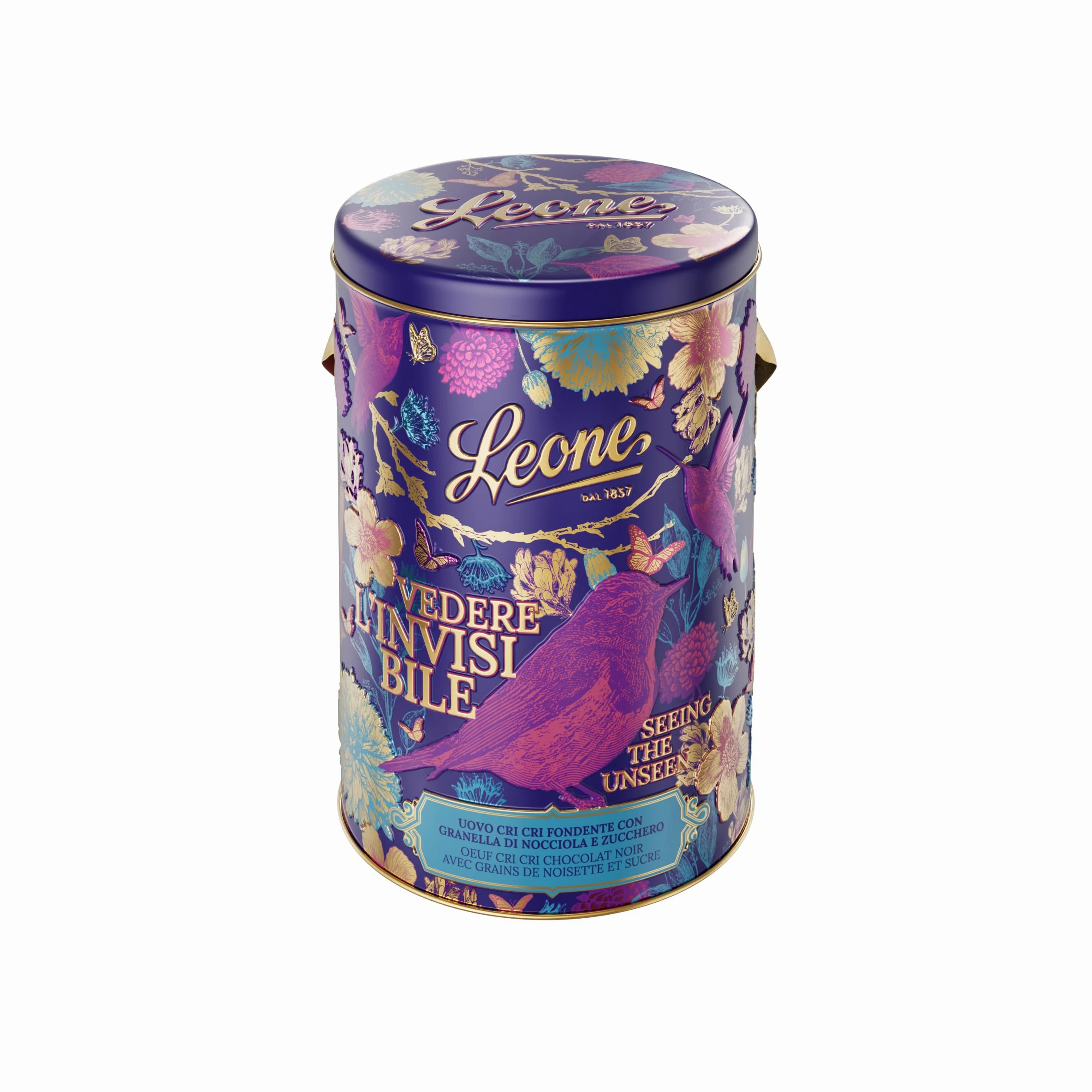 Leone dal 1857 - Uovo di Pasqua Cri Cri - Uovo di Cioccolato Fondente 70% con Granella di Zucchero e Nocciole - in Latta Regalo - Con Sorpresa - Vegano e Senza Glutine - 350g