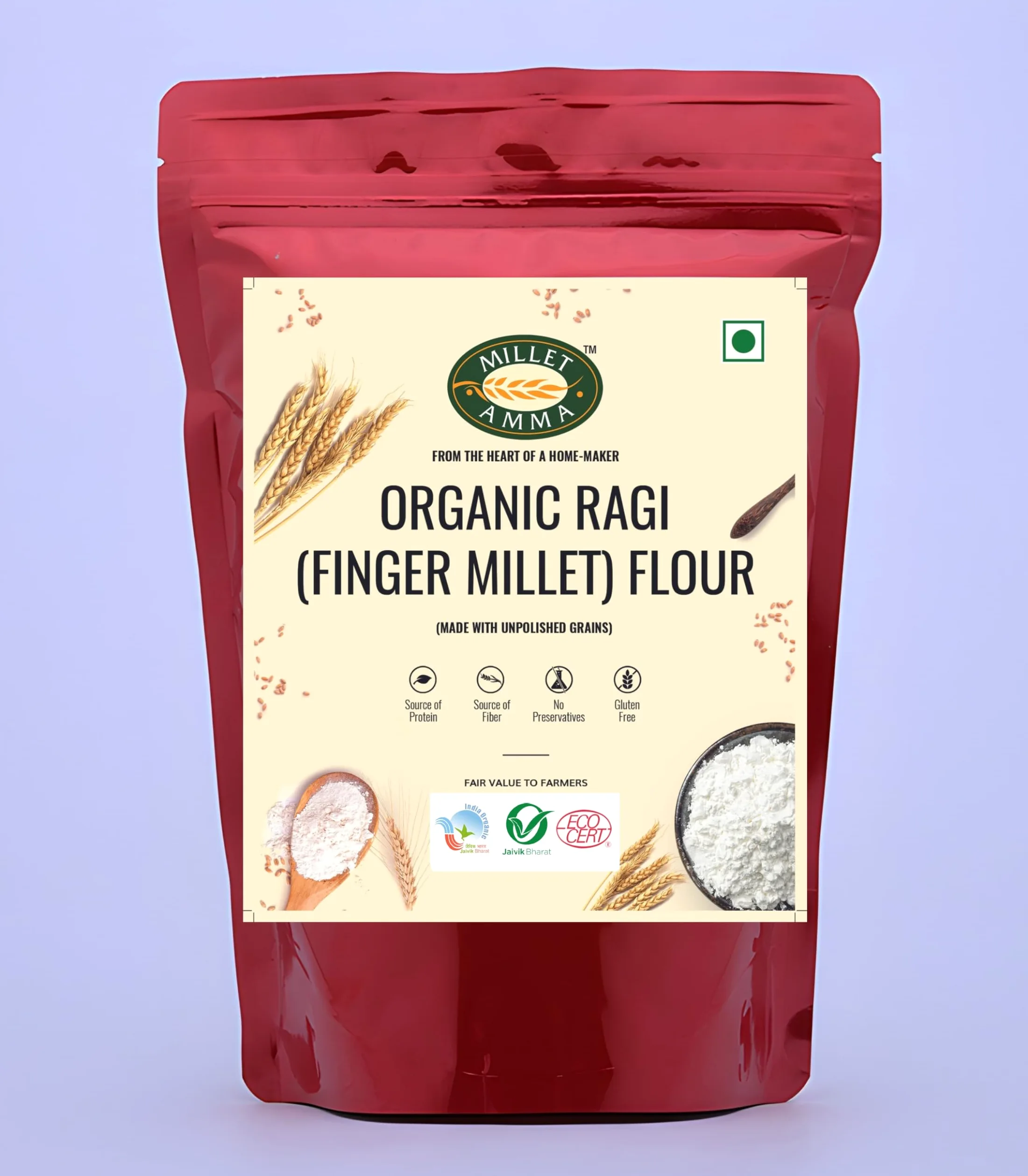 MILLET AMMA Farina Biologica Ragi (Finger Millet)- 2 Kg, Fatta Con Miglio Non Lucidato, Ricca Di Calcio, Fibre, Minerali E Aminoacidi, A Basso IG E Ottima Per Regolare I Livelli Di Zucchero,A Basso IG
