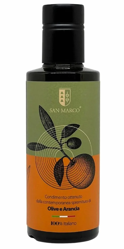 San Marco - Olio extra vergine di oliva all'arancia. Condimento artigianale di arance e olive- bottiglia vetro scuro 250 ml. - 100% italiano – Ideale sul pesce crudo e in pasticceria
