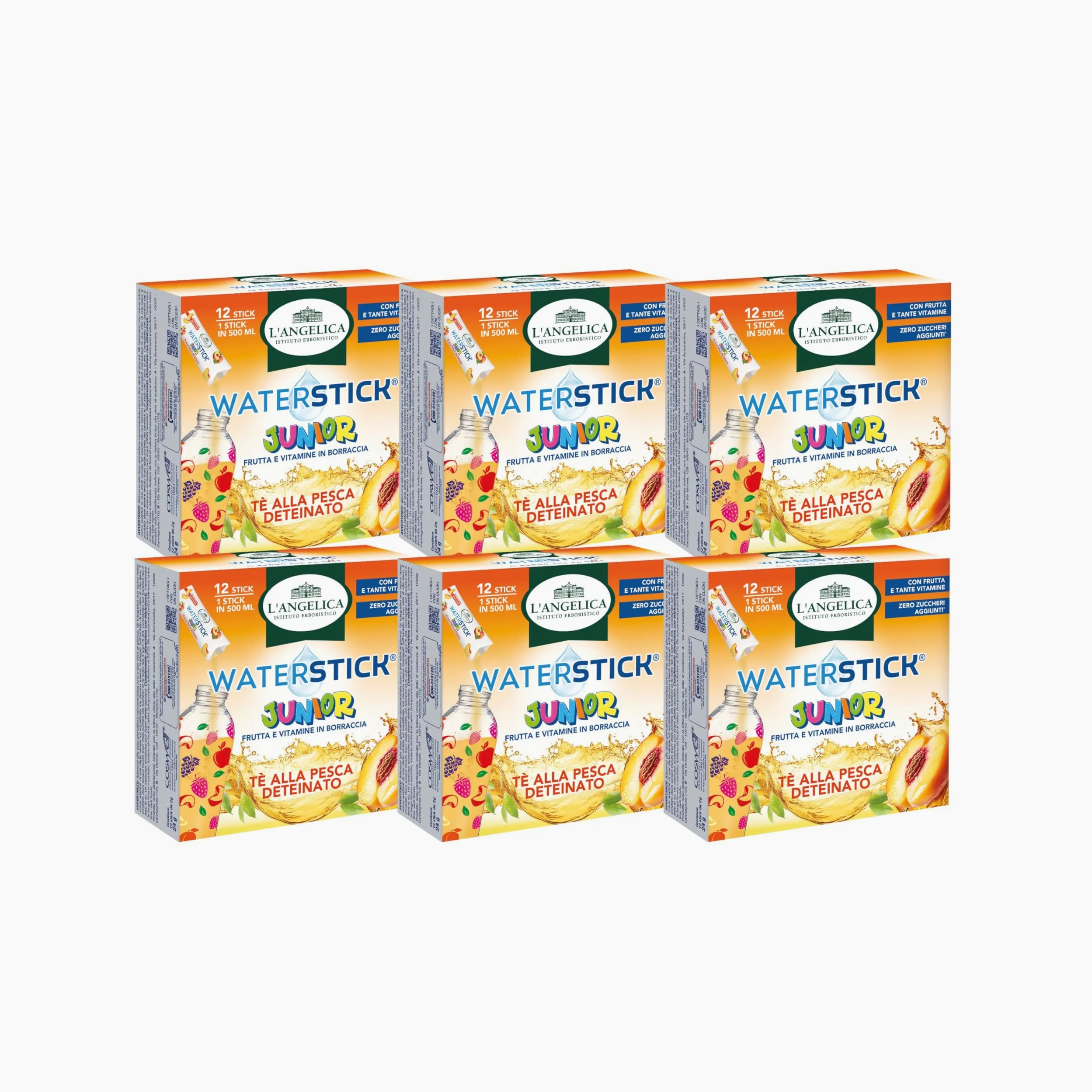 L'Angelica, Waterstick Junior, Gusto Tè alla Pesca Deteinato, Con Frutta, Vitamine, Zero Zuccheri Aggiunti, 6 Astucci da 12 Stick