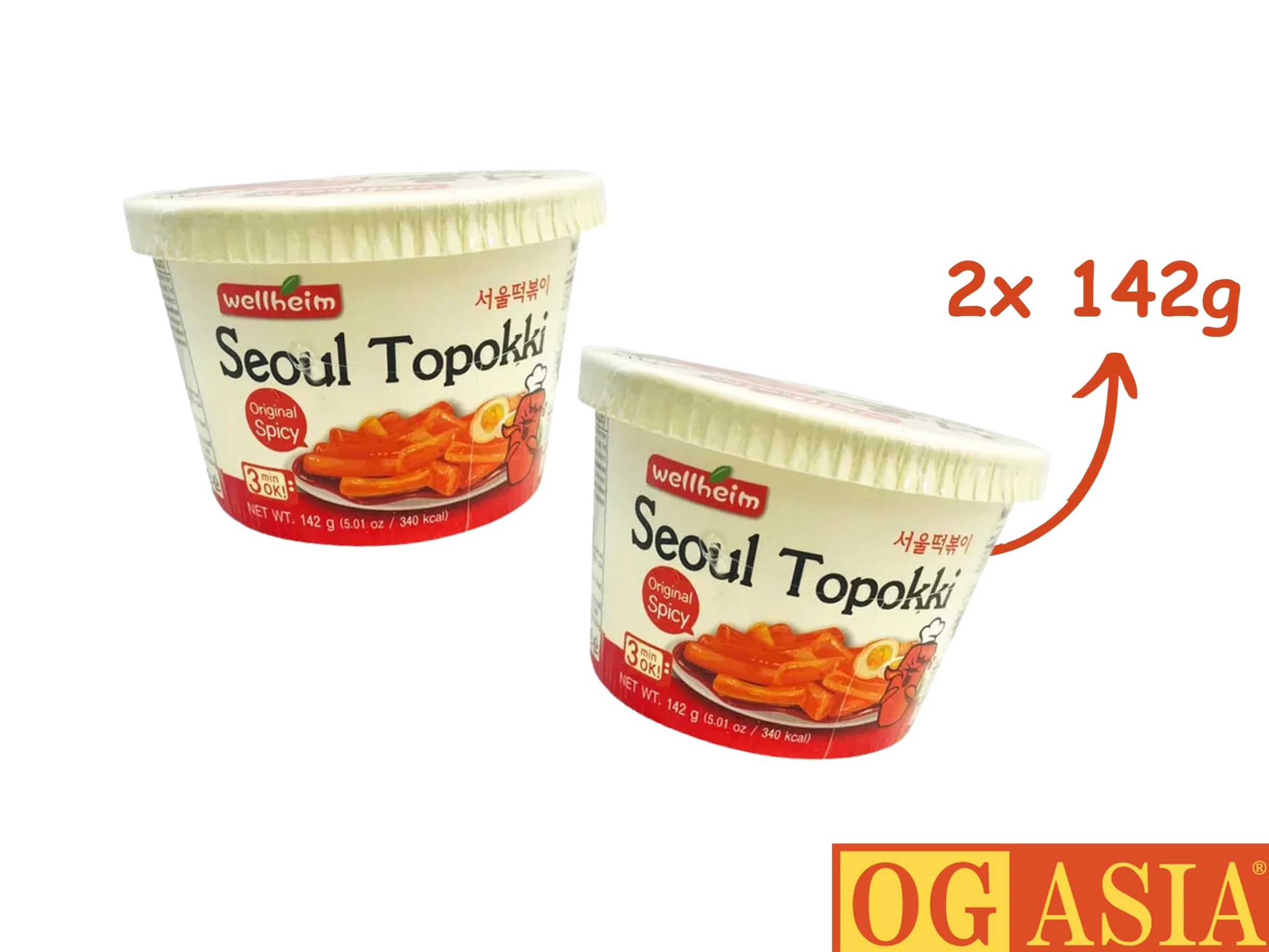 Wellheim Seoul Original Spicy Tteokbokki Confezione doppia – torta di riso coreana in tazza – gusto originale piccante – 2 x 142 g – OG ASIA – 284 g (originale affilato)