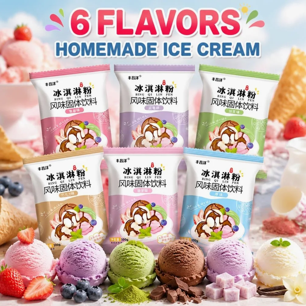 Miscela Di Gelato In Polvere A 6 Gusti - Base For Dessert Fatto In Casa Fai Da Te For Dolci E Negozi, Confezione 100 G (fragola, Mirtillo, Matcha, Cioccolato, Taro, Originale)