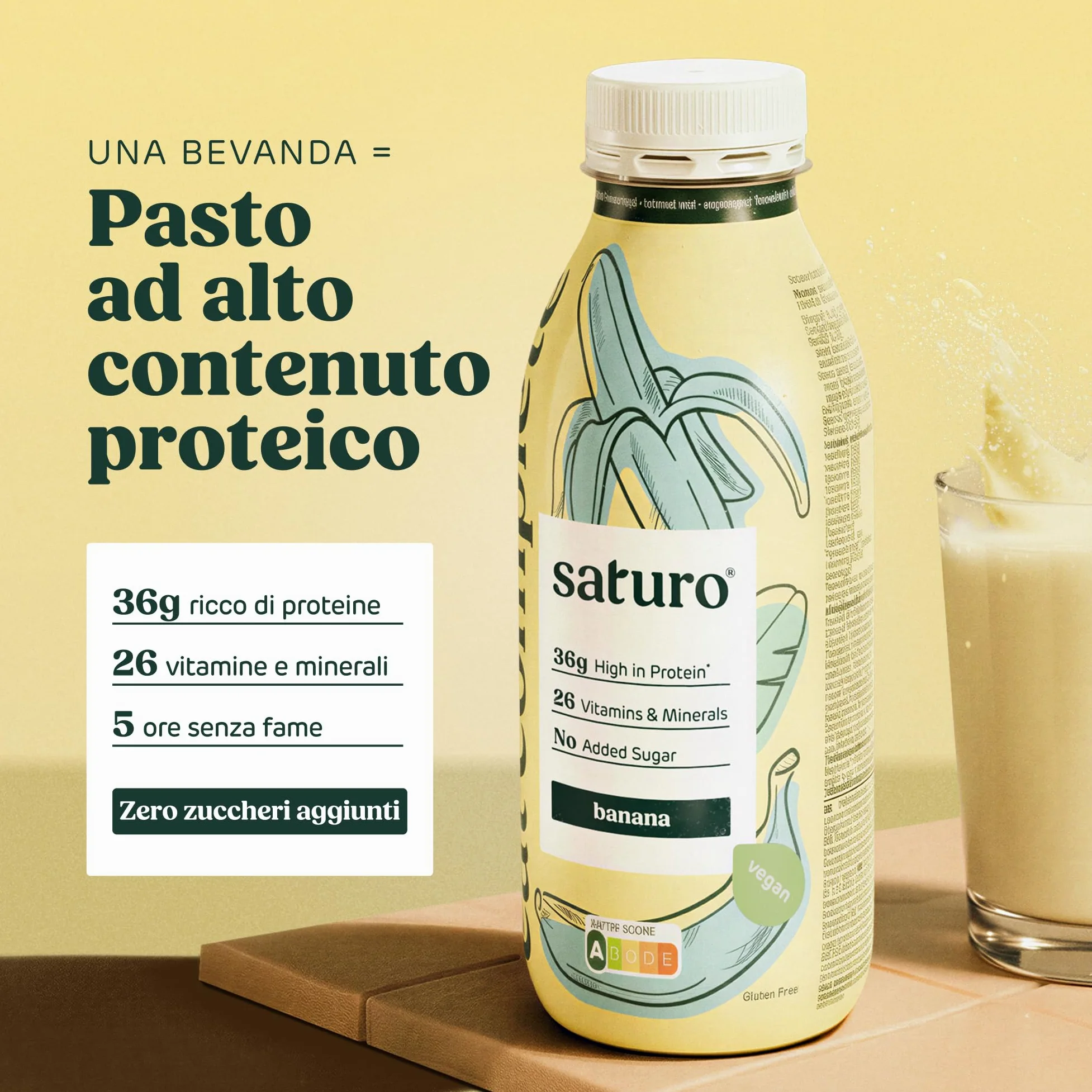 Saturo Pasto Sostitutivo Frullato Gusto Banana | 36 g di proteine & senza zucchero | 400 kcal | Vegano | Pasto Bevibile con Nutrienti Essenziali | 6 x 400 ml