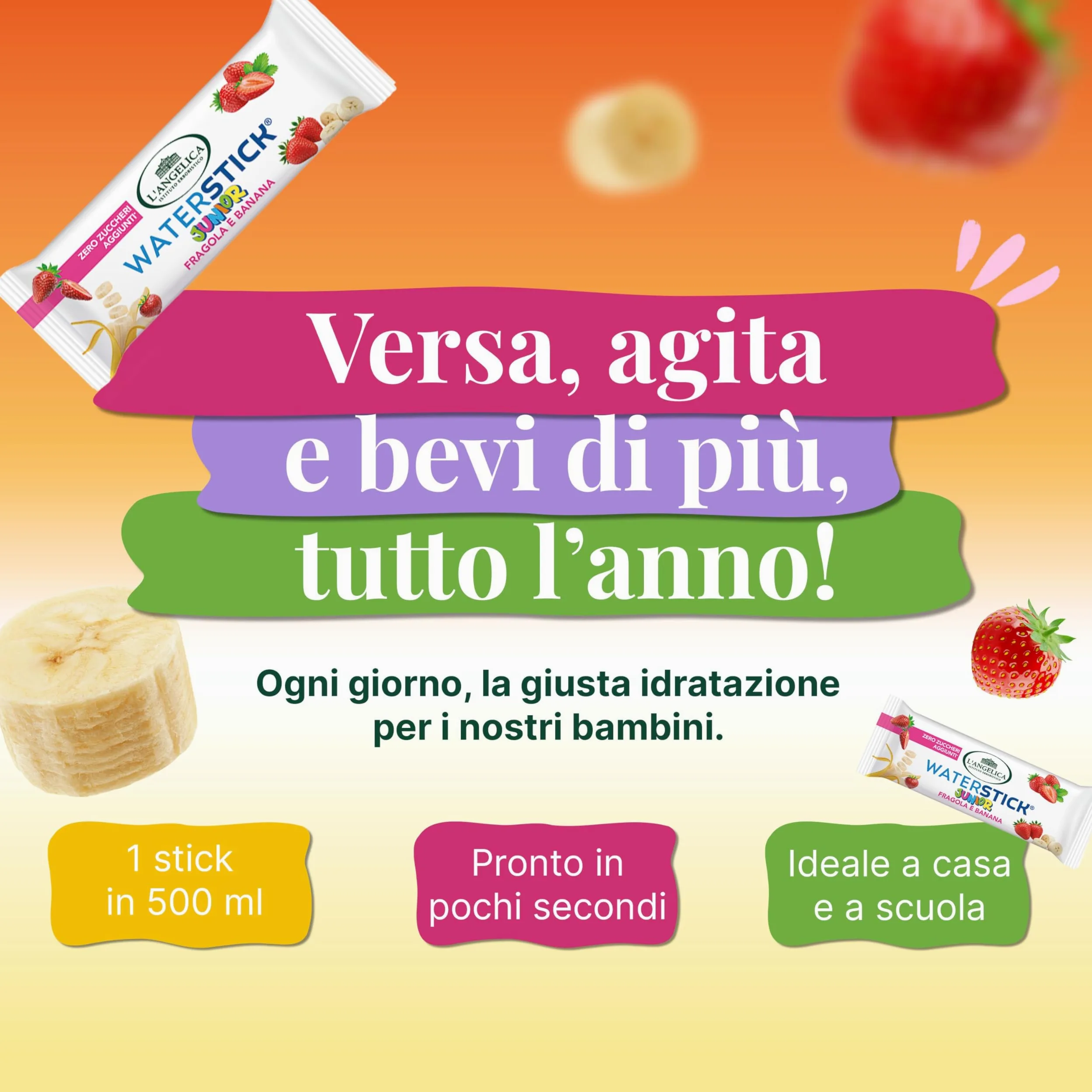 L'Angelica, Waterstick Junior, Gusto Fragola e Banana, Con Frutta, Vitamine, Zero Zuccheri Aggiunti, 6 Astucci da 12 Stick