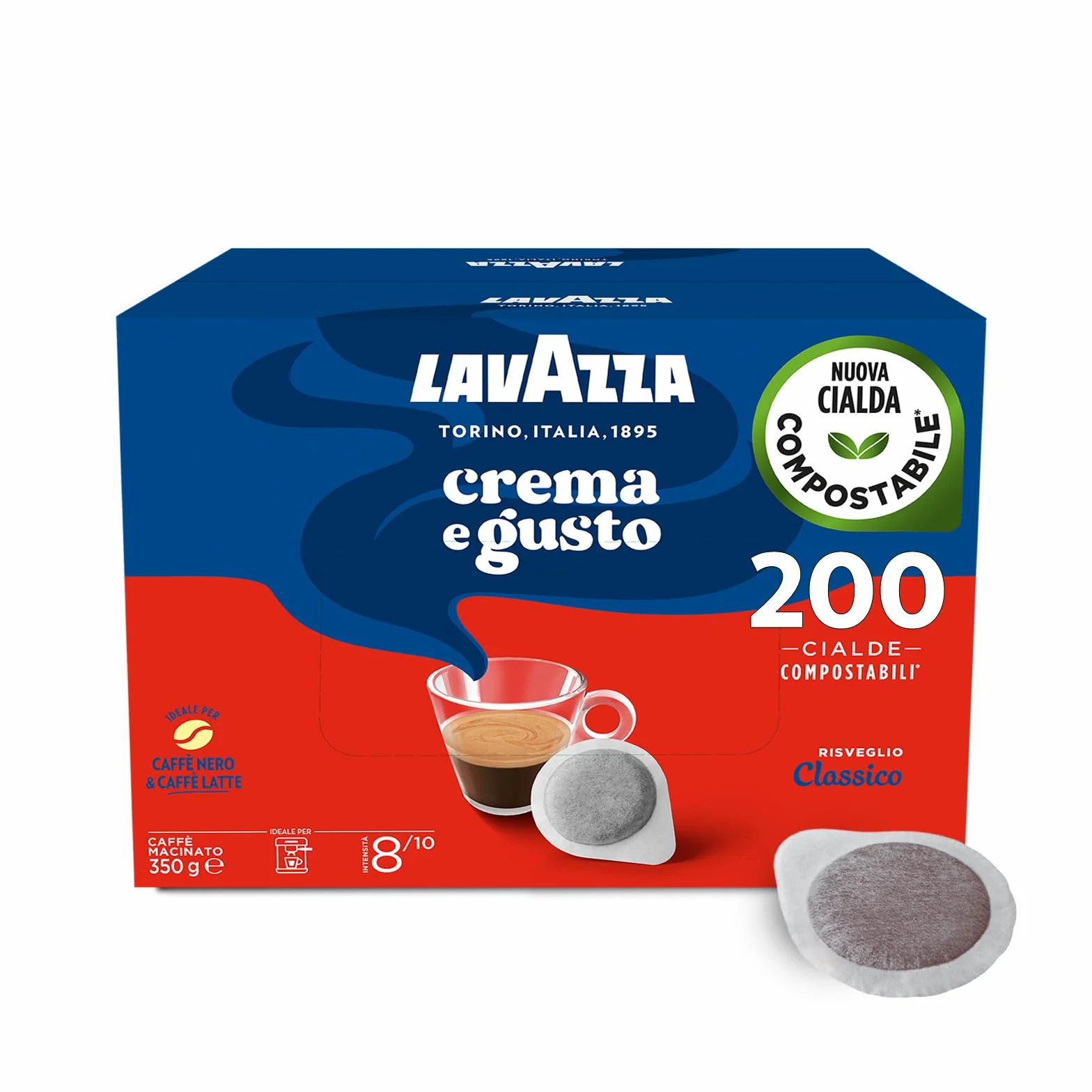 Lavazza, Crema e Gusto Classico, Caffè per Macchine Espresso, Arabica e Robusta con Note di Legno e Tabacco, Intensità 8/10, Tostatura Scura, 4 Confezioni Da 50 Cialde