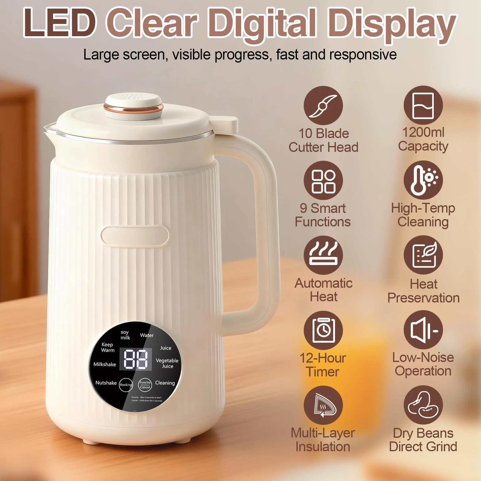 Macchina per latte di soia automatica 8 in 1, 1200 ml, macchina per il latte a base vegetale con avvio ritardato, mantiene caldo e autopulente per latte d'avena, latte di mandorle, zuppe, porridge e