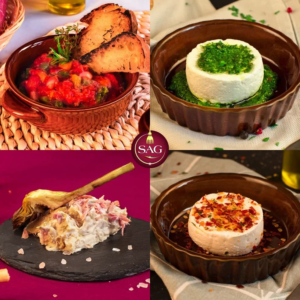 Cesto specialità gastronomiche piemontesi con antipasto piemontese, insalata tonno e carciofi, tomini verdi e piccanti (Confezione 4 pz. da Kg) – SAG