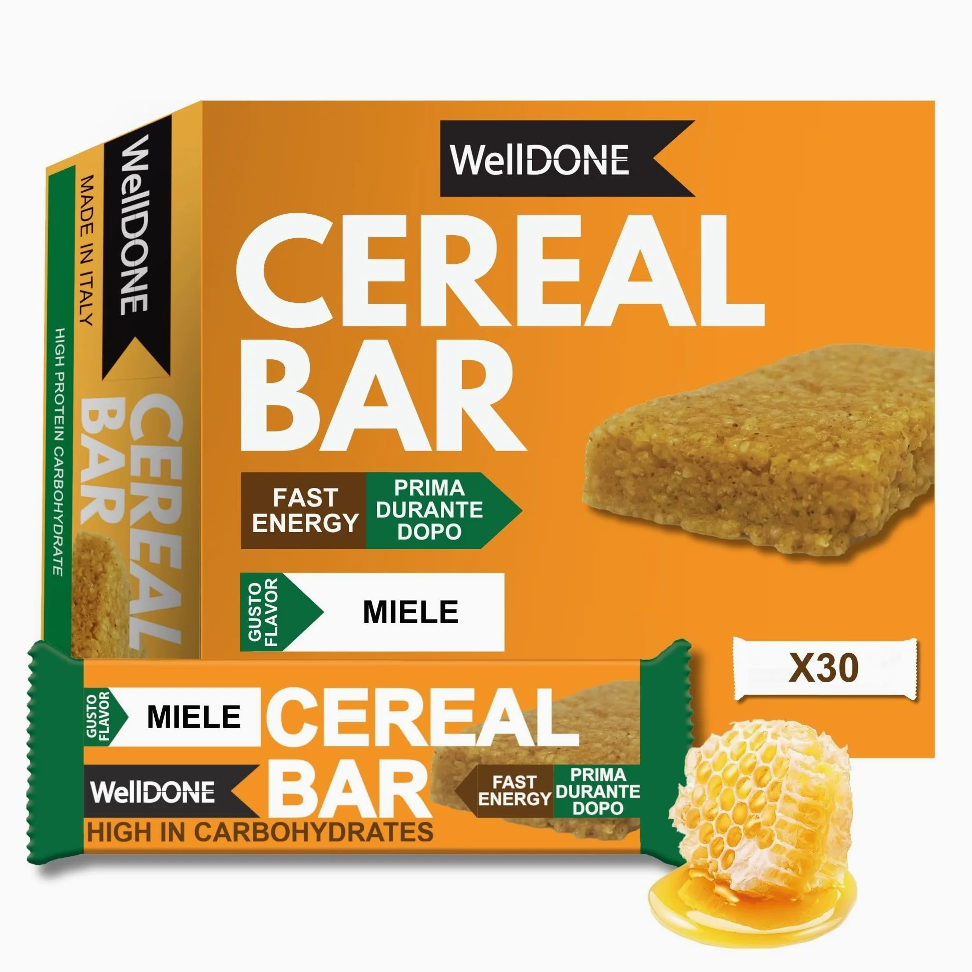 WellDONE, Cereal Crunch Bar Gusto Miele, Barrette Energetiche Made in Italy, Alto Contenuto di Carboidrati, Snack Goloso Anche per Intolleranti al Lattosio, 30 Barrette da 40g