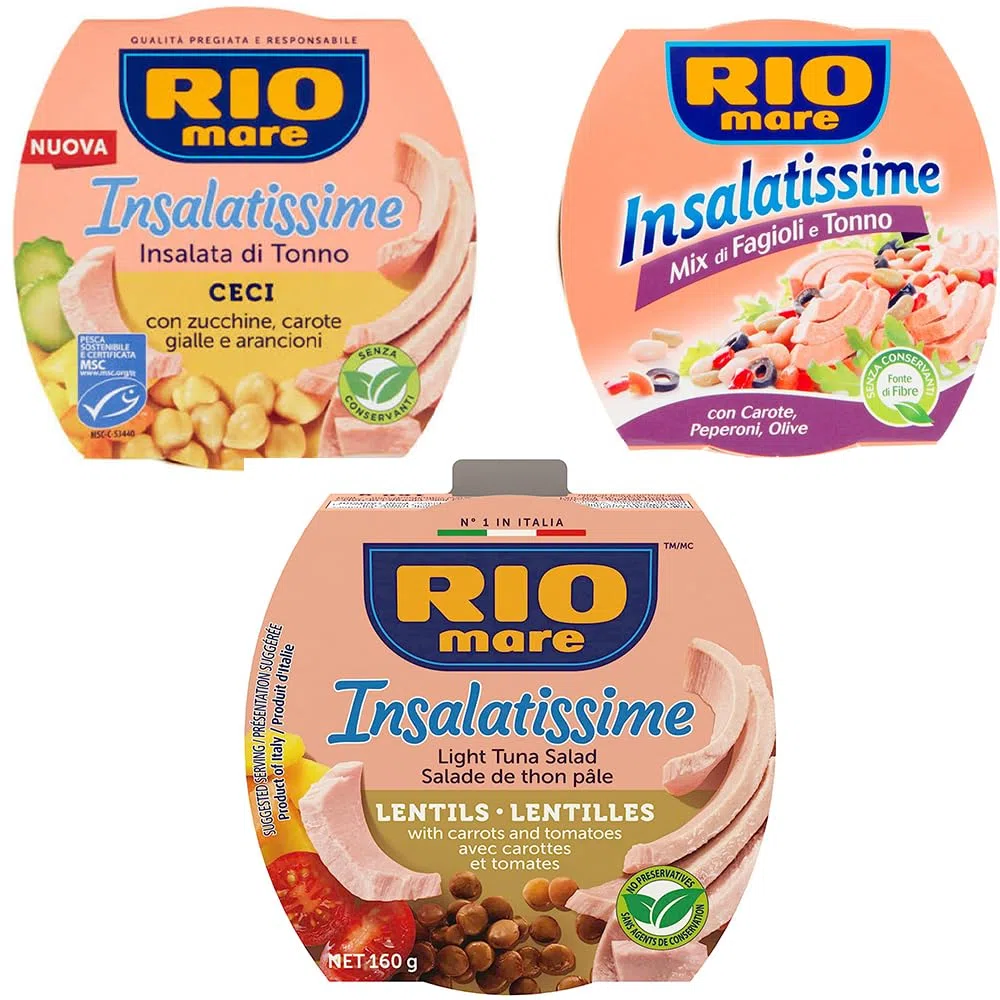 Rio Mare Insalatissime, Set 3 Varietà: Tonno con Lenticchie e Pomodori, Ceci e Verdure, Tonno con Fagioli e Peperoni, 160g x3