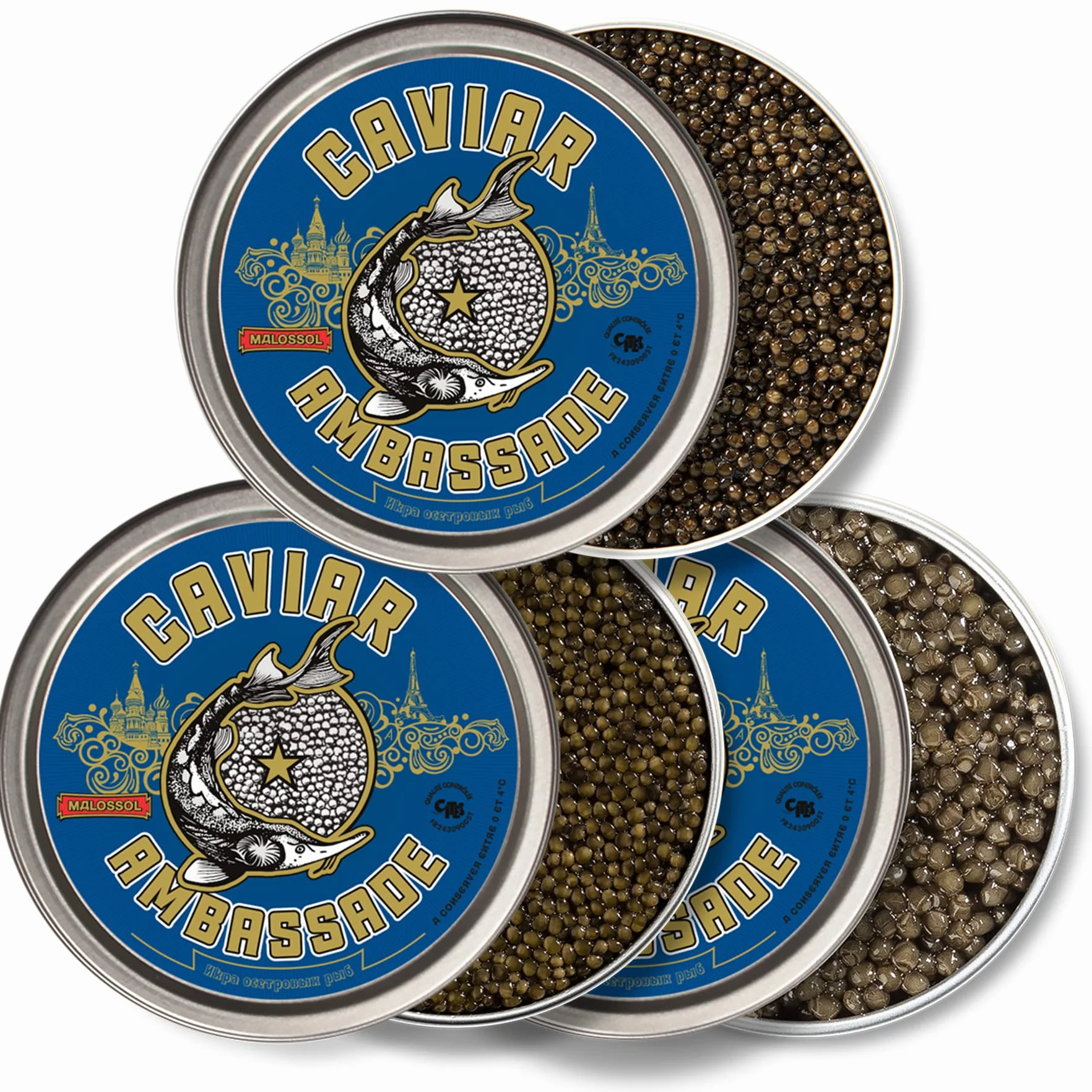 Set tre Caviali, Baeri 100g + Beluga 100g + Oscietra 100g – 3 x 100g - Consegna refrigerata - CAVIAR AMBASSADE