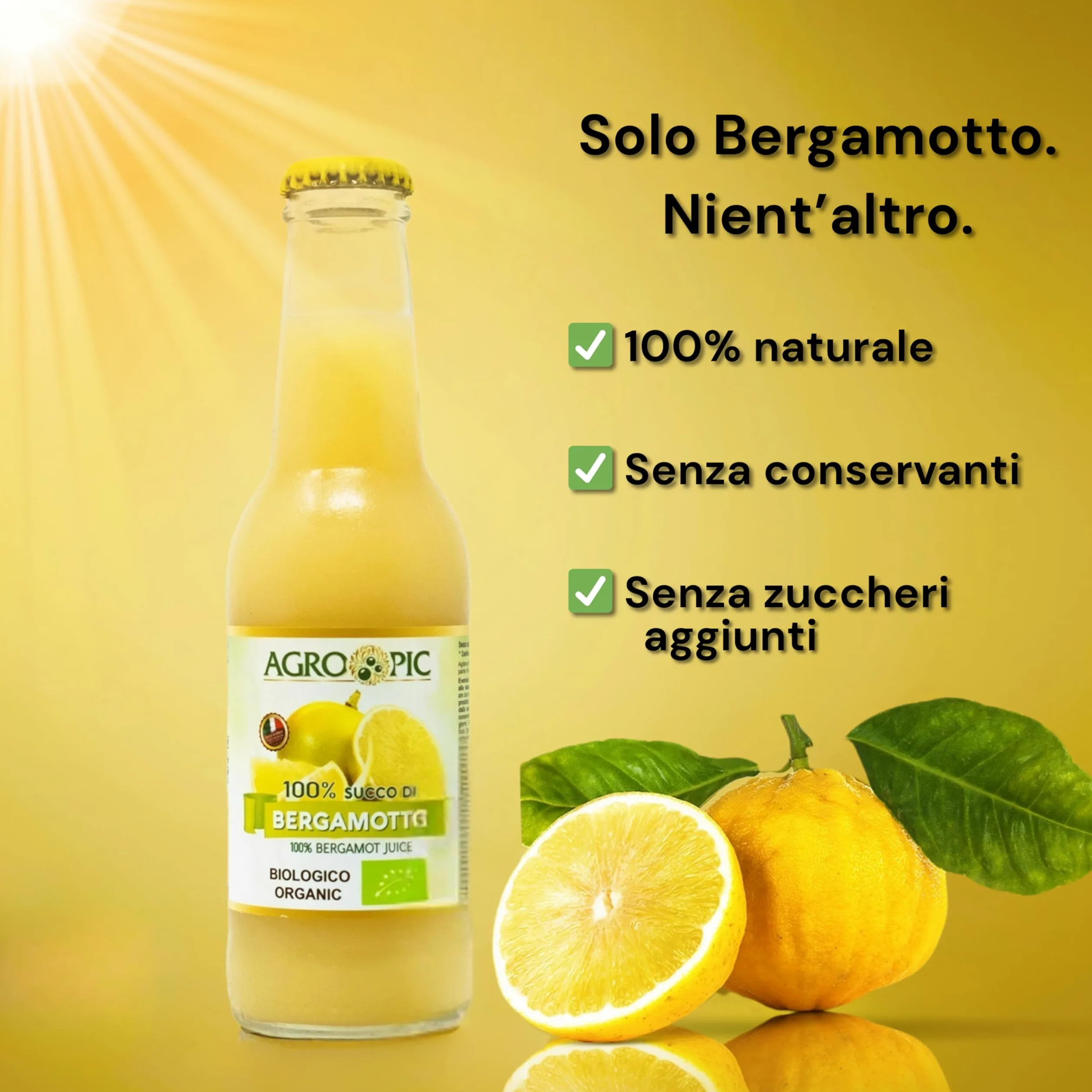 Agropic Succo di Bergamotto Puro Bio, 200 ml, Bergamotto Succo Puro Biologico, 12 bottiglie, Senza Zuccheri Aggiunti e Conservanti, Realizzato in Calabria