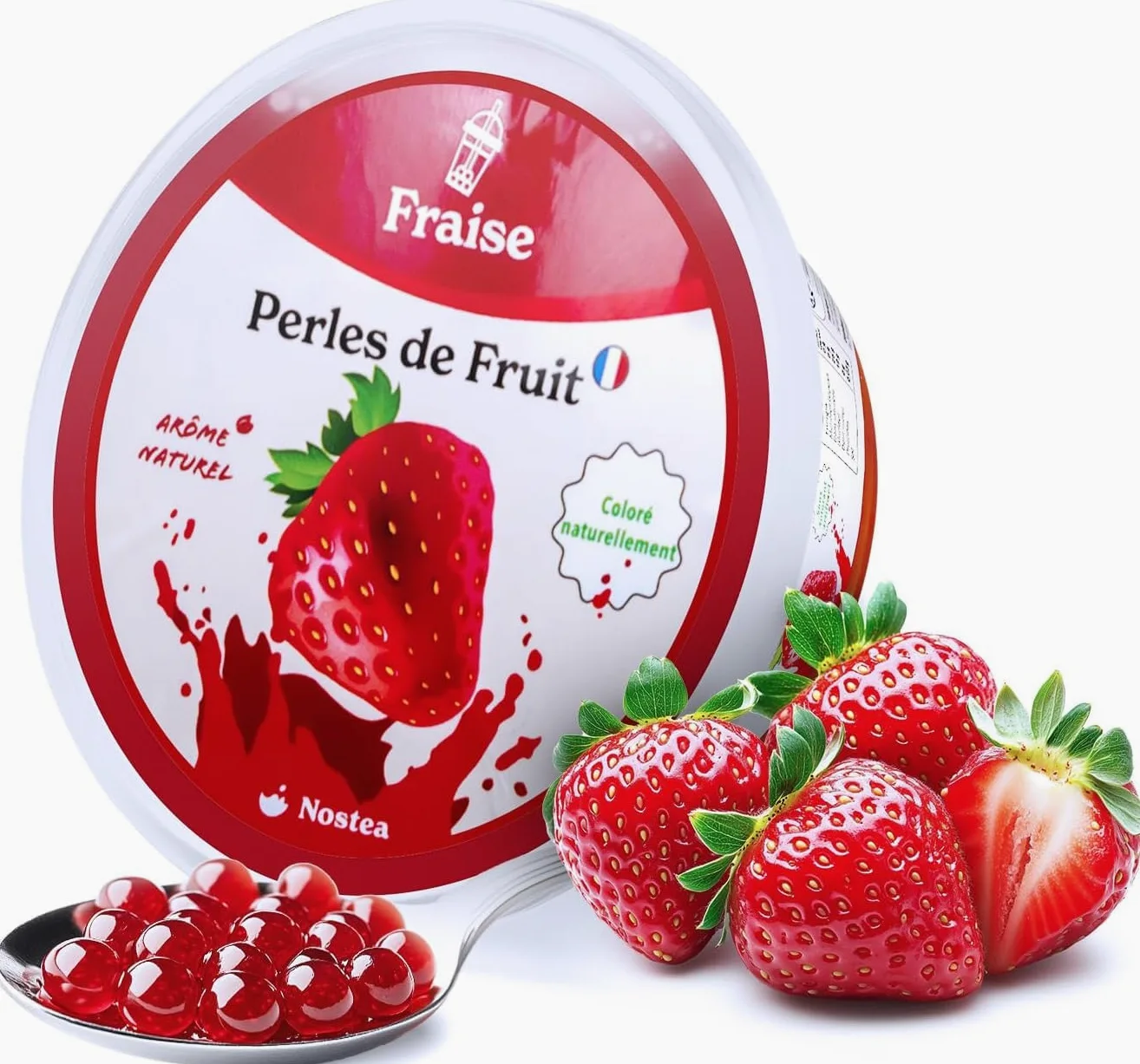 Nostea - Set di 3 vasetti, Perle per Bubble Tea Tropical, Pesca, Fragola – Popping Boba 100% Vegano, Senza Glutine - Perle al Succo di Frutta per Tè, Bevande - Produzione Francese - 3x 450 gr