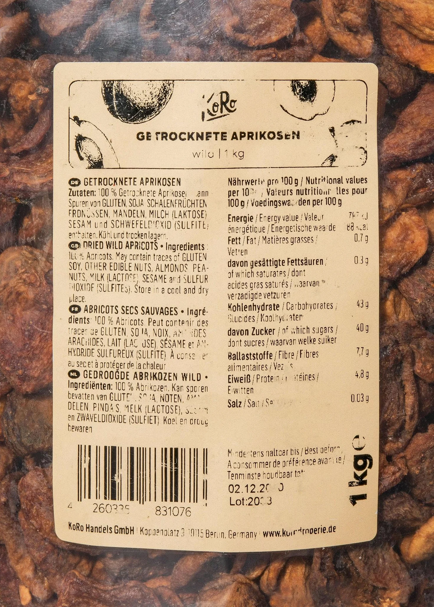 KoRo - Albicocche selvatiche essiccate 1 kg - Frutta secca naturale senza zucchero aggiunto e non solforata