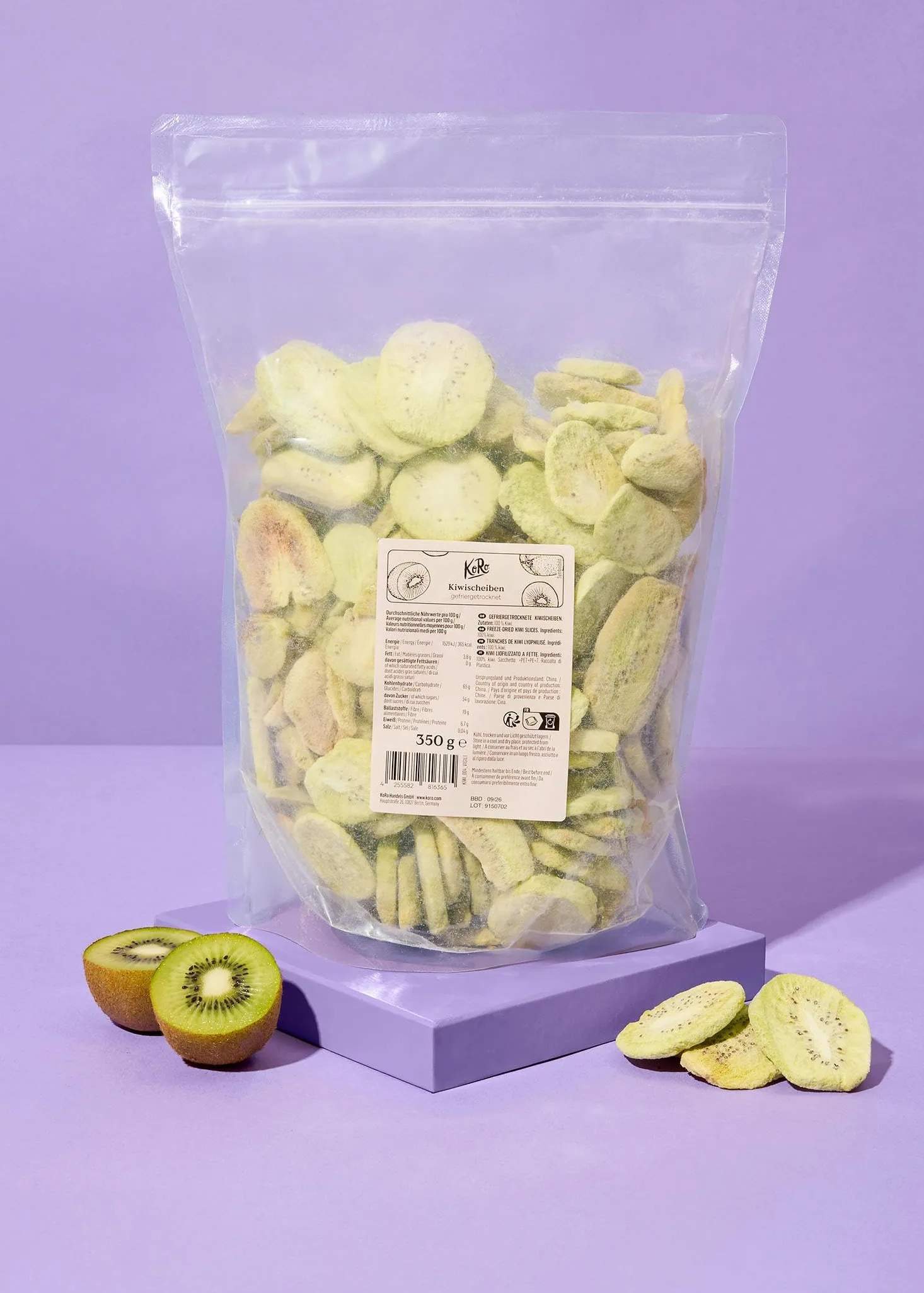 KoRo - Kiwi liofilizzati a fette 350 g - 100% kiwi - Alto contenuto di fibre - Senza additivi