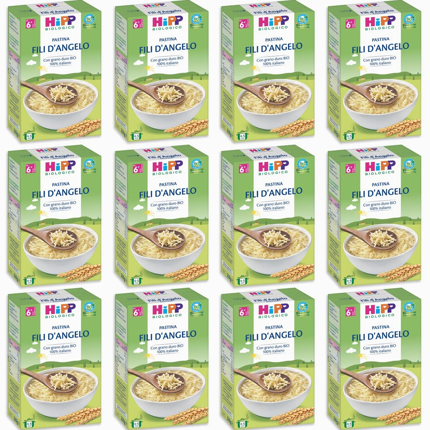 HiPP - Pastina per Svezzamento a Forma di Fili d'Angelo, con Grano Duro Biologico 100% Italiano, 12 Confezioni 320 gr