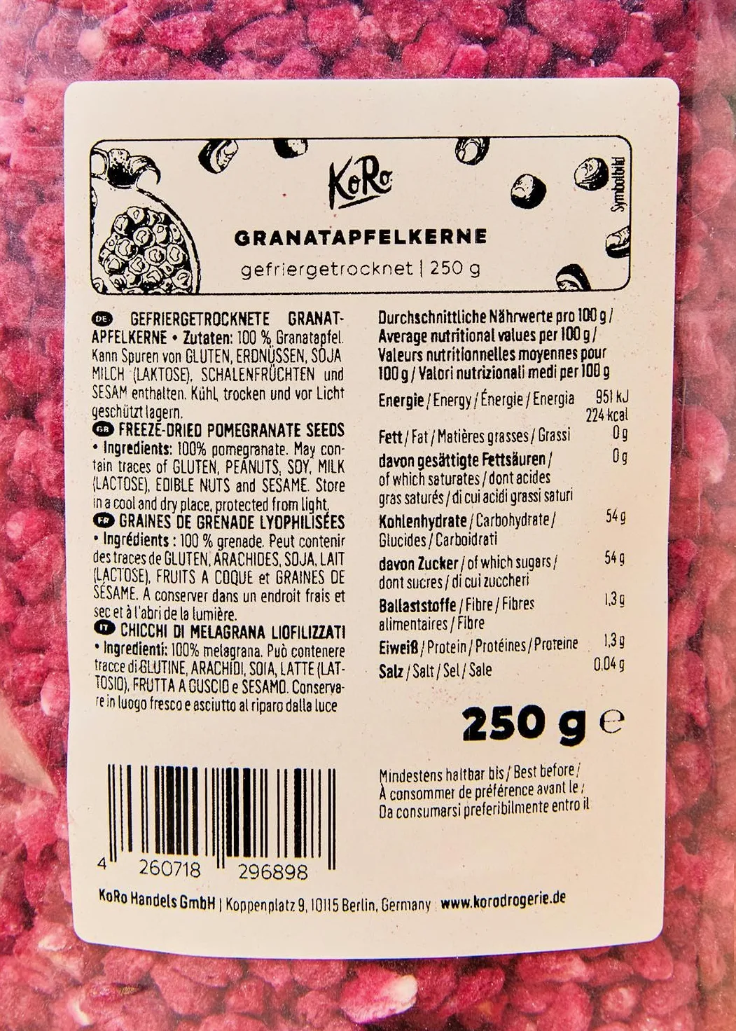 KoRo - Chicchi di melograno liofilizzati 250 g - Naturali e non trattati - Dolci e croccanti - Senza zuccheri aggiunti*
