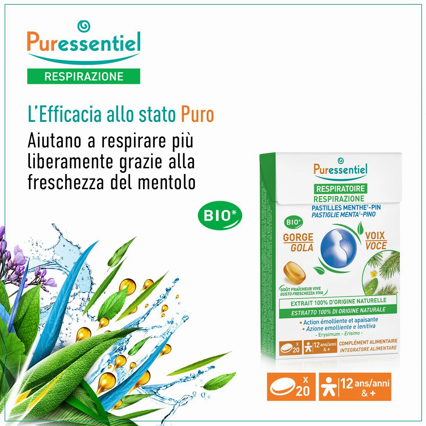 Puressentiel - Respirazione Pastiglie Gola Voce Menta Pino – All'Estratto di Erisimo – Procurano un effeto balsamico – Aiutano a liberare il naso – Dai 12 anni – 20 Pastiglie