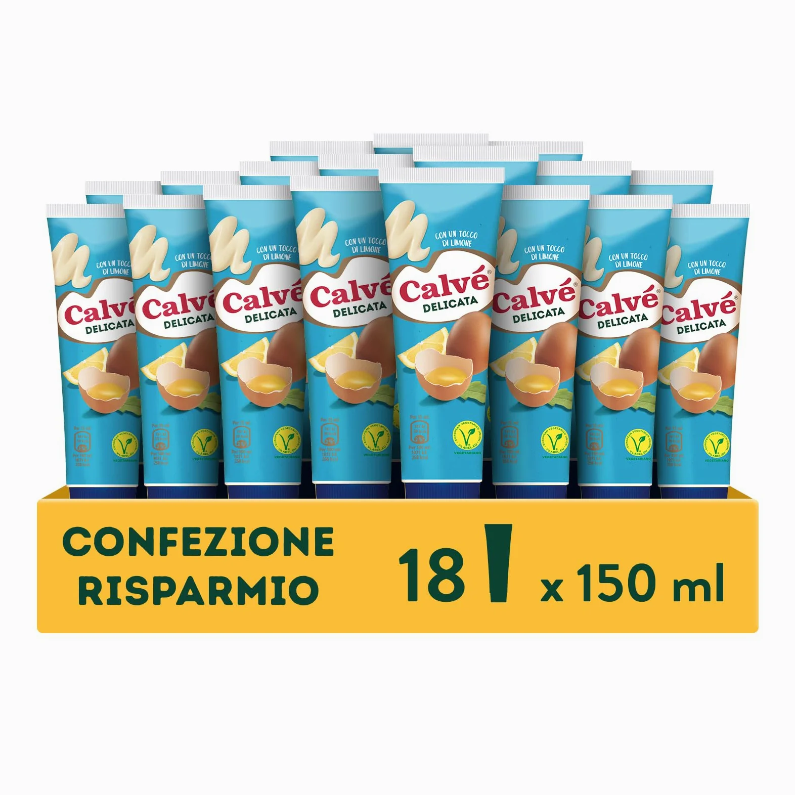 Calvé Maionese Delicata, 18 Pezzi da 150 ml, Maionese Calvé Delicata con un Tocco di Limone e il 60% di Grassi in Meno*, Ideale per Piatti di Pesce e Tartine, Senza Glutine, Vegetariano