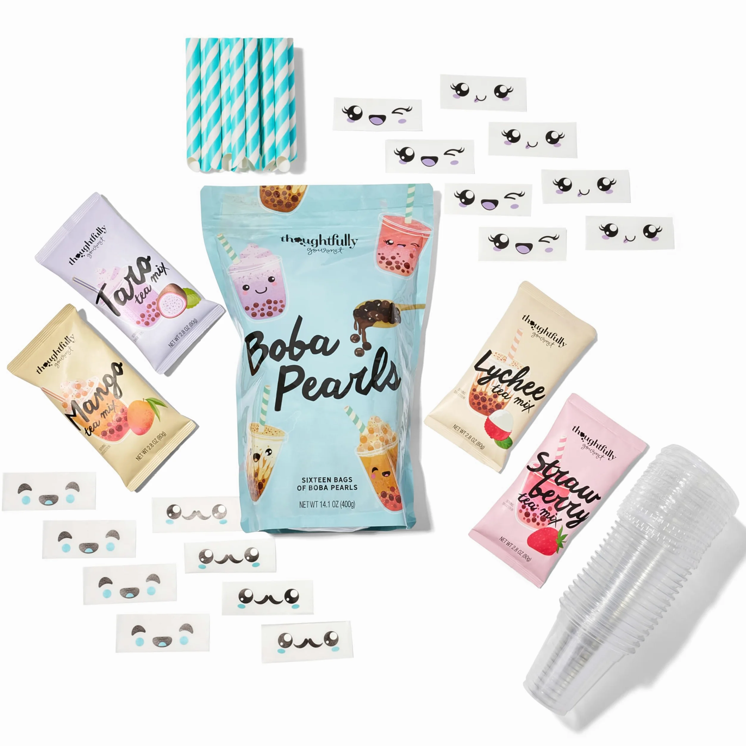 Thoughtfully Gourmet, Mini Boba Party Set, per 16 porzioni di Bubble Tea, con 4 gusti, perline Boba, tazze, coperchi e cannucce