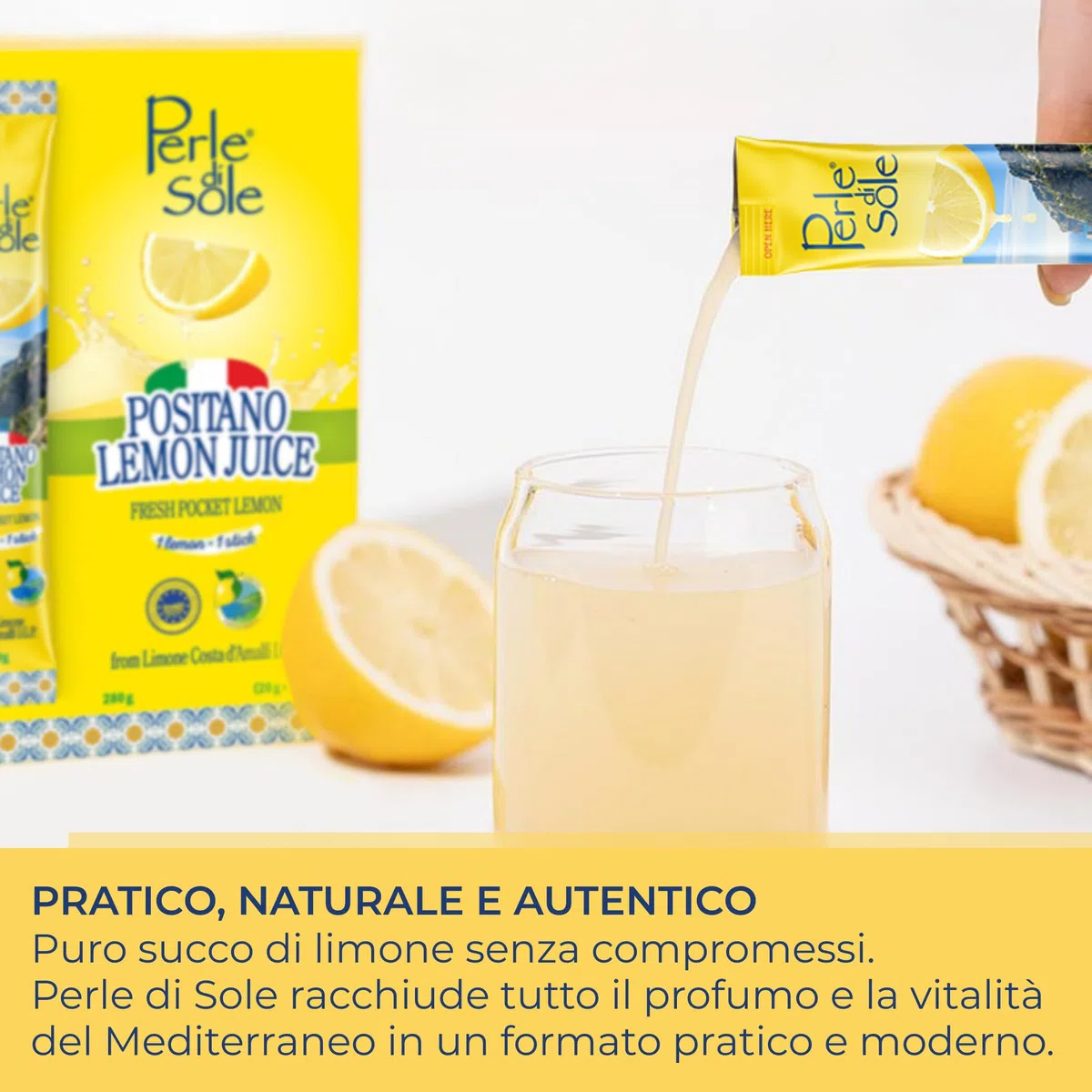 Perle di Sole – Positano Lemon Juice in Stick, 14 Astucci da 20 ml – Vero Succo di Limone Costa d’Amalfi I.G.P. 100% Italiano – Pratico e Naturale, Made in Italy