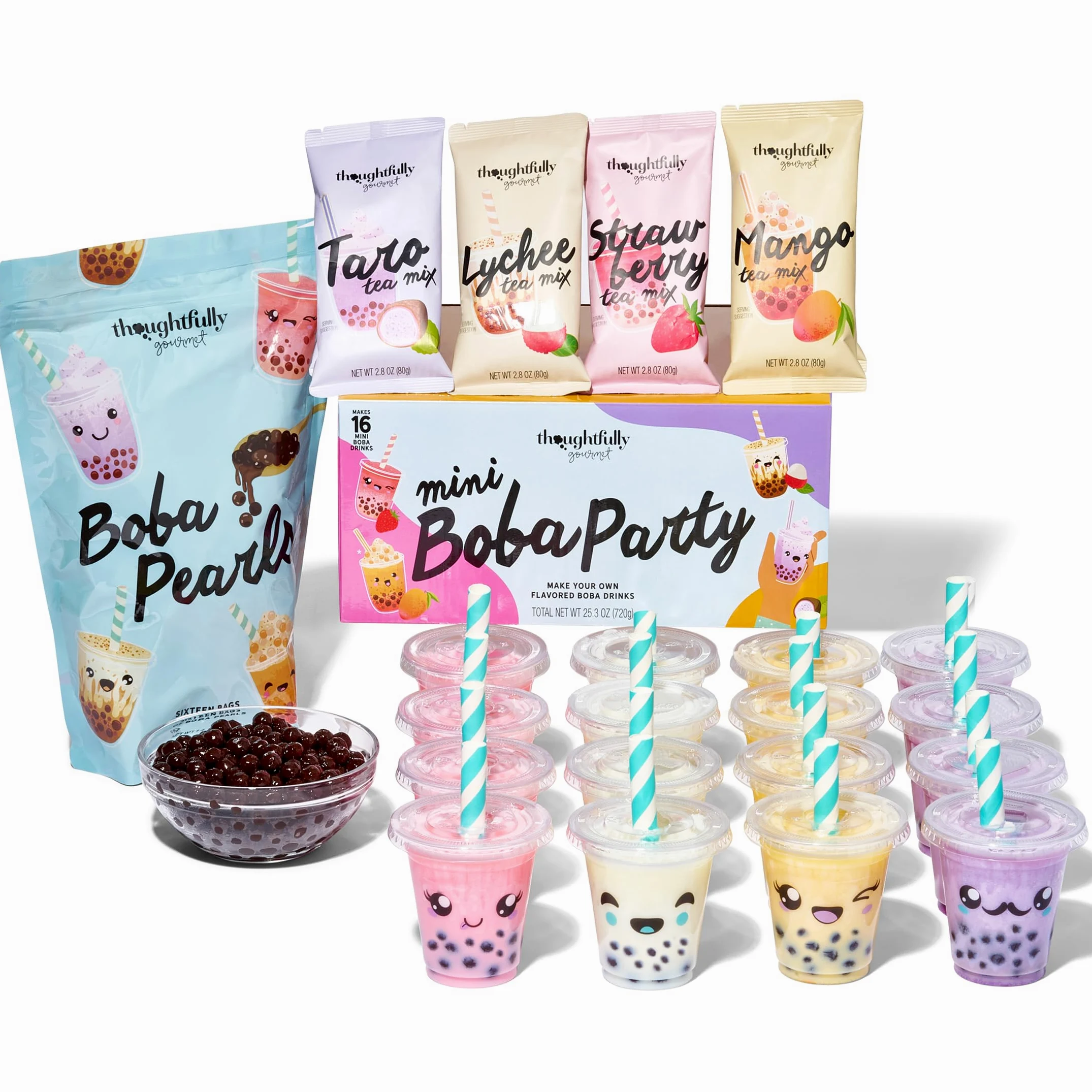 Thoughtfully Gourmet, Mini Boba Party Set, per 16 porzioni di Bubble Tea, con 4 gusti, perline Boba, tazze, coperchi e cannucce