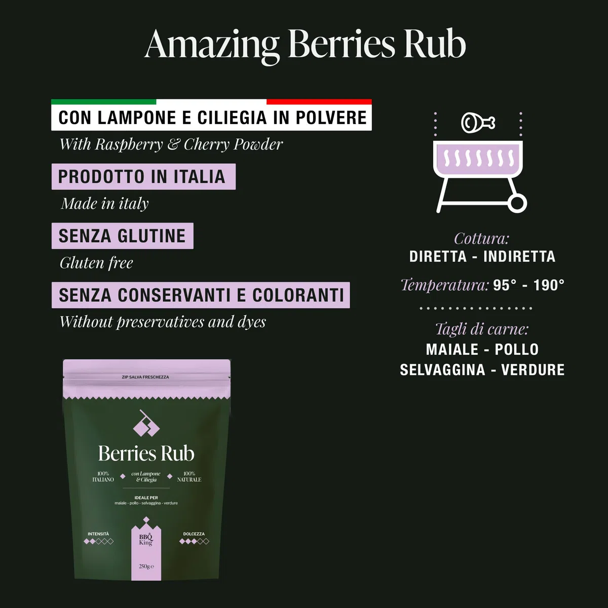 BBQ KING - Berries Rub Confezione da 250 Gr, Dry Rub Bbq per Manzo Ideale per Barbecue e Grill, Set Spezie Cucina 100% Made in Italy, Miscela di Spezie per Carni Bianche (Pollo, Maiale, Coniglio)