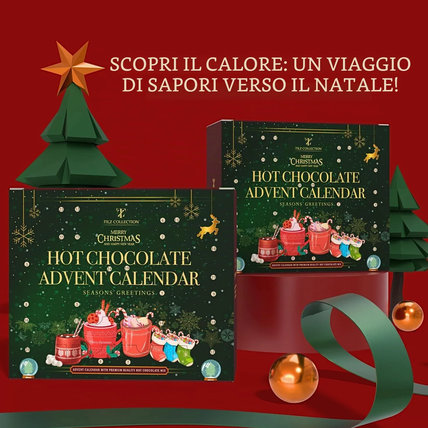 Calendario dell'Avvento 2023 | Set Regalo di Cioccolata Calda di 24 Giorni con Mini Marshmallow - Varietà di Natale