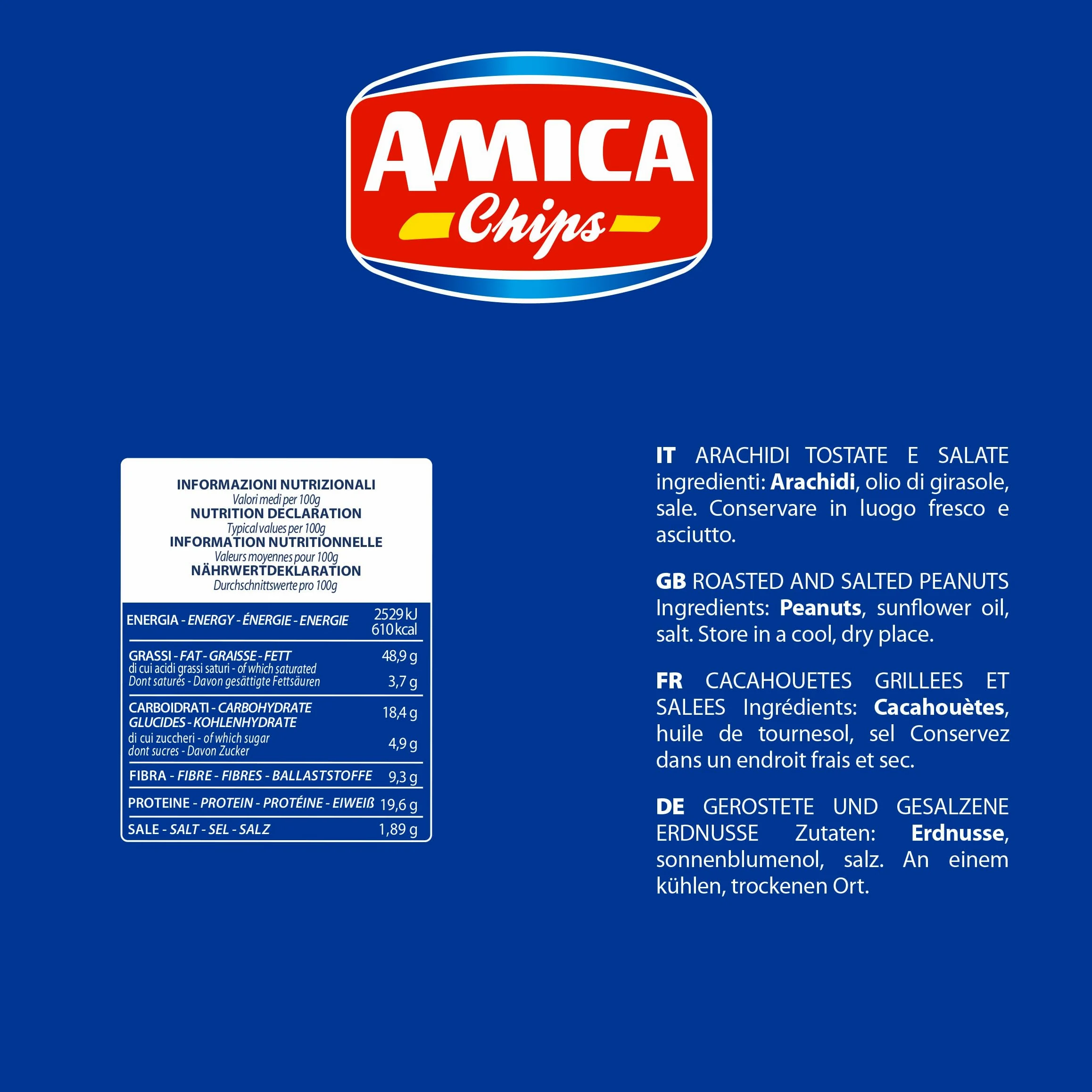 AMICA Chips | Arachidi Tostate e Salate, Snack Salato Classico, Ideale per Aperitivo, Con Olio di Semi di Girasole, 24 Pezzi x 250 gr