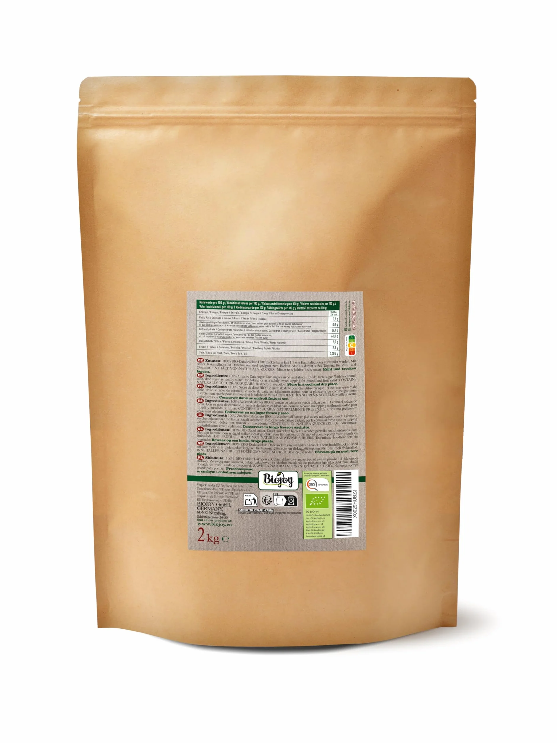 Biojoy Zucchero di datteri BIO (2 kg), non raffinato, naturale e senza additivi (Phoenix Dactylifera)