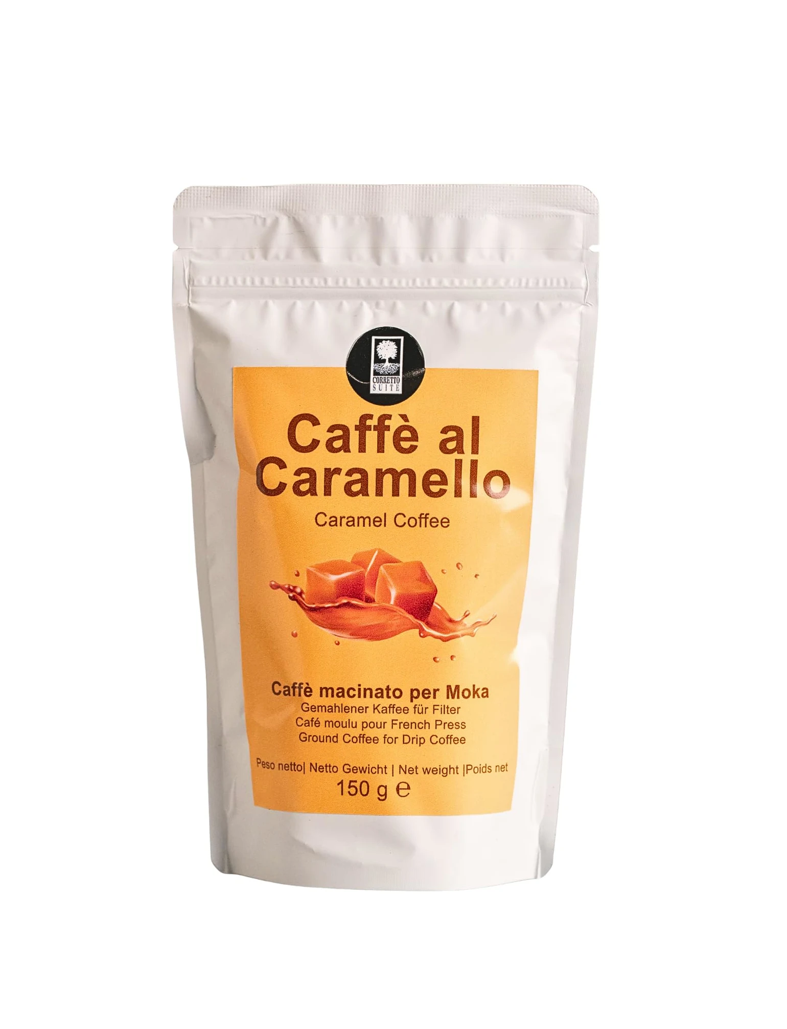 CORRETTO SUITE - Caffè aromatizzati per Moka - 150 g (Caramello, Cioccolato, Irish Coffee, Vaniglia, Nocciola) (Caramello, Cioccolato, Irish Coffee, Vaniglia, Nocciola)