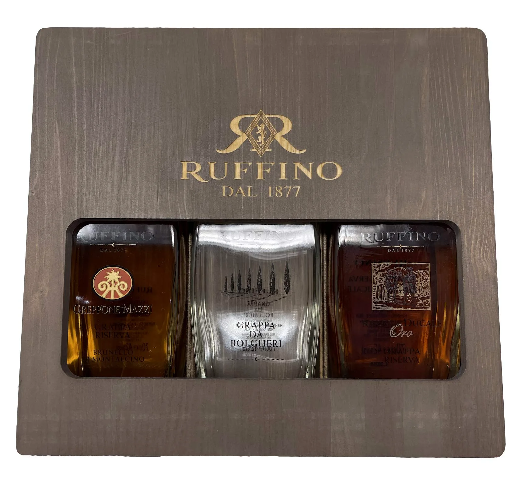 Cassetta in legno Luxury -Ruffino- Selezione 3 Grappe, Grappa Riserva Brunello di Montalcino + Grappa da Bolgheri + Riserva Ducale Oro 70 cl 42%