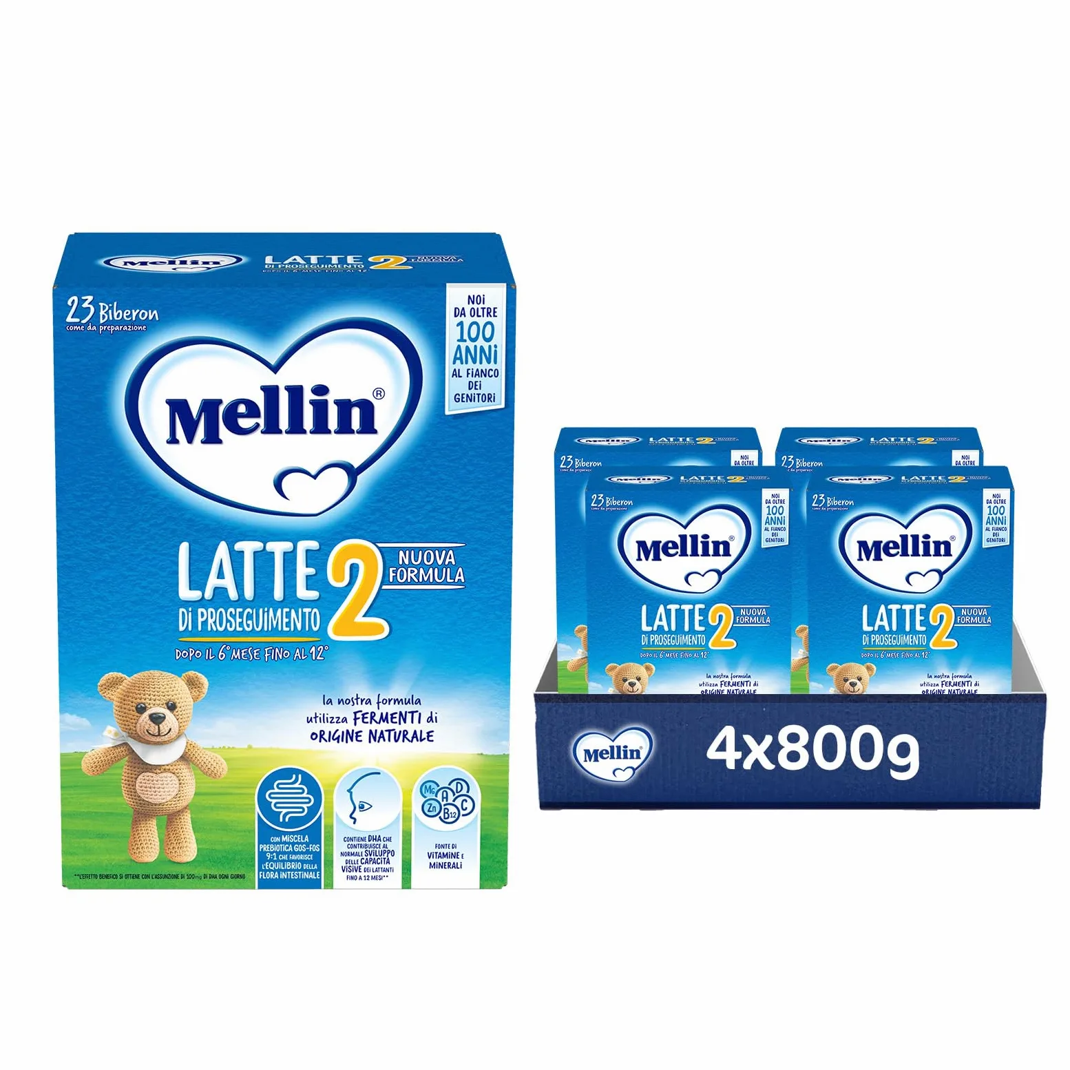 MELLIN 2 - Latte di Proseguimento in Polvere per Neonati dal 6° Mese Compiuto al 12° - 3200 grammi (4 confezioni da 800g)