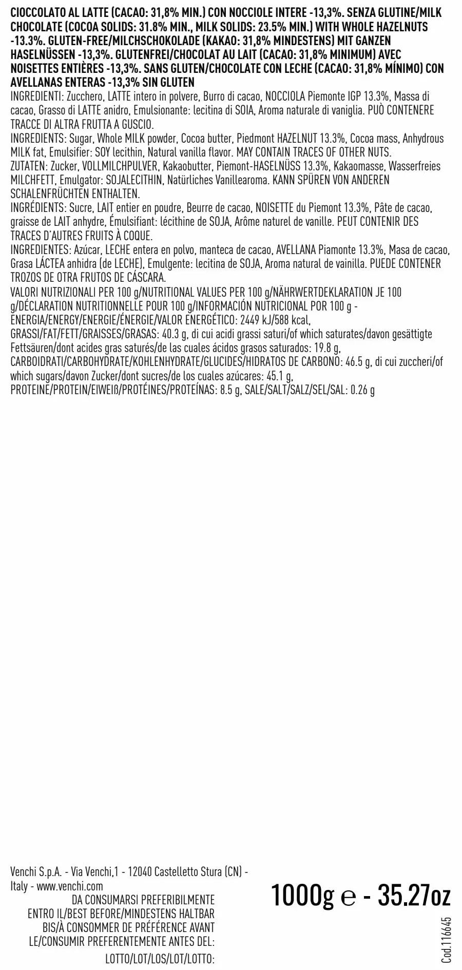 Venchi - Lingottino Nocciolato Latte - Cioccolatino con Nocciole Piemonte IGP intere, 1 kg - Senza Glutine