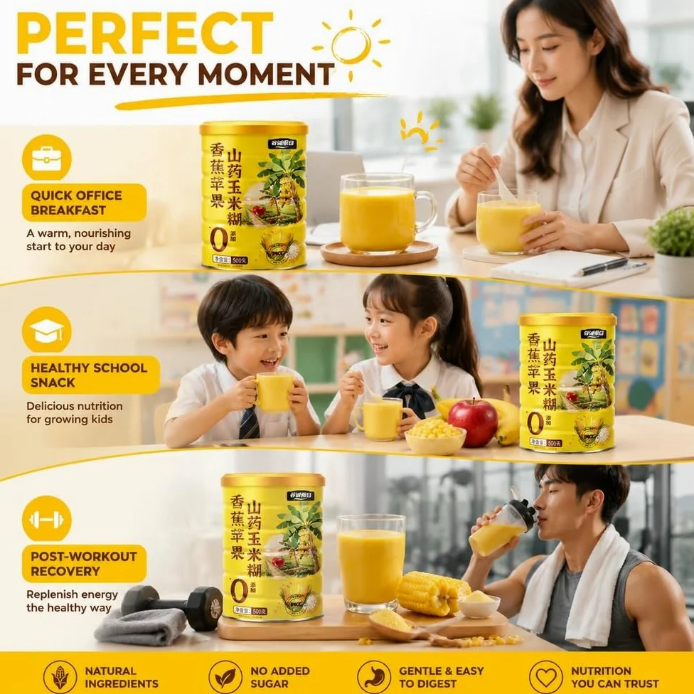 Polvere di mais istantanea con banane e mele, 500 g | Cereali caldi istantanei 30s con patate dolci, mais, banane, mele, pezzetti di vera frutta, 500 g.