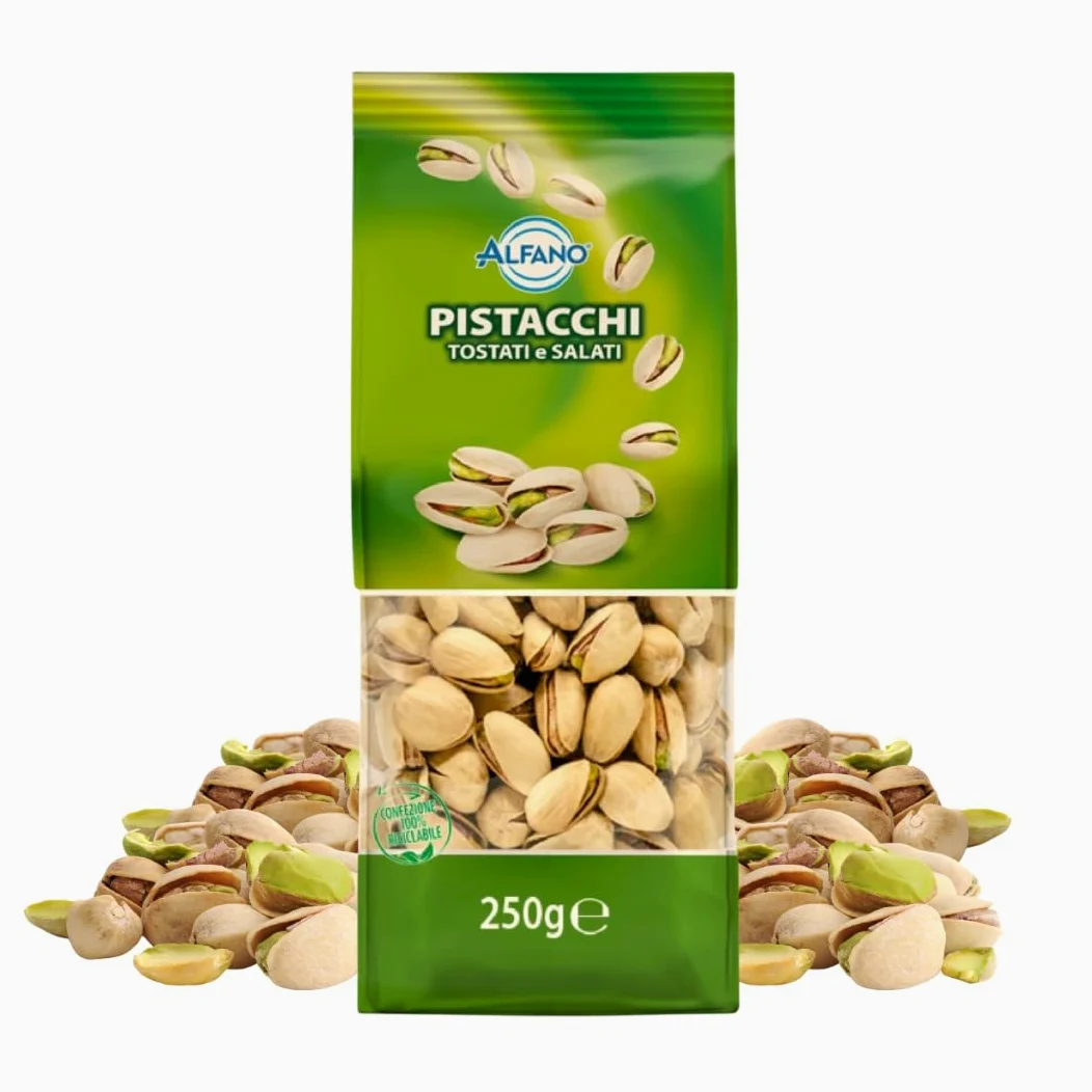 Alfano dal 1940 Pistacchi Salati Tostati 250g Frutta Secca Ricca di Fibre e Magnesio, Fonte di Potassio Ideale come Snack Aperitivo (16 Pezzi)