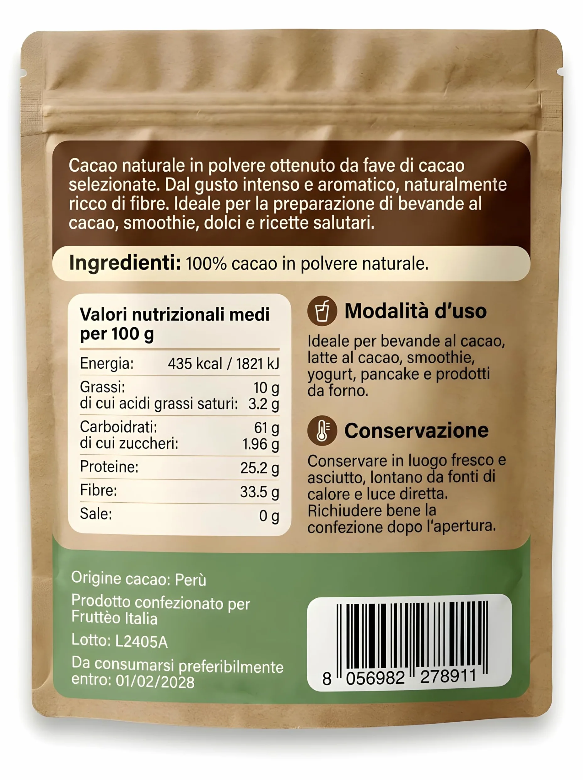 Cacao Amaro in Polvere 1 Kg – 100% Naturale Non Alcalinizzato – Alto Contenuto di Fibre (33%) – Senza Zucchero – Ideale per Dieta, Fitness e Colazione Sana
