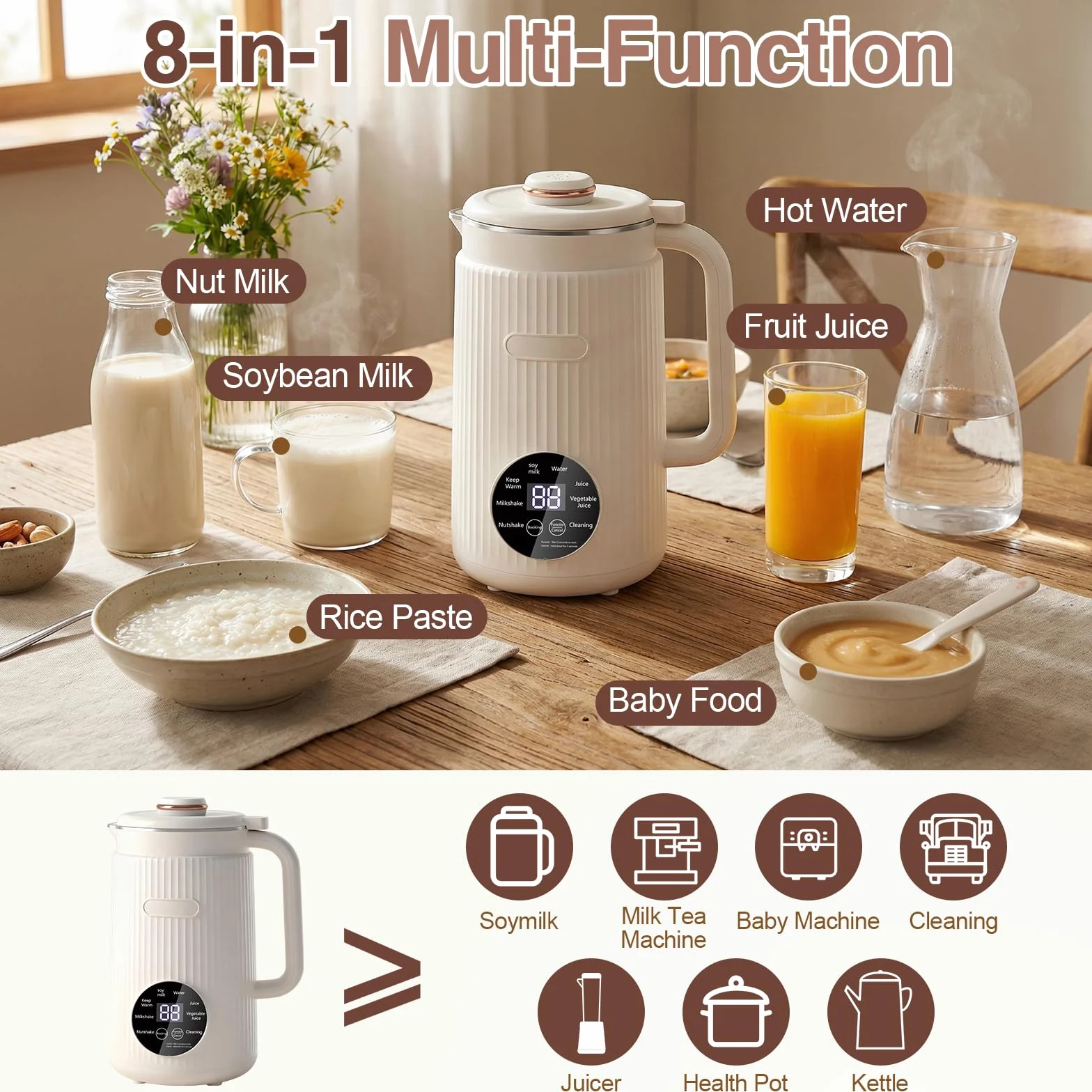 Macchina per latte di soia automatica 8 in 1, 1200 ml, macchina per il latte a base vegetale con avvio ritardato, mantiene caldo e autopulente per latte d'avena, latte di mandorle, zuppe, porridge e