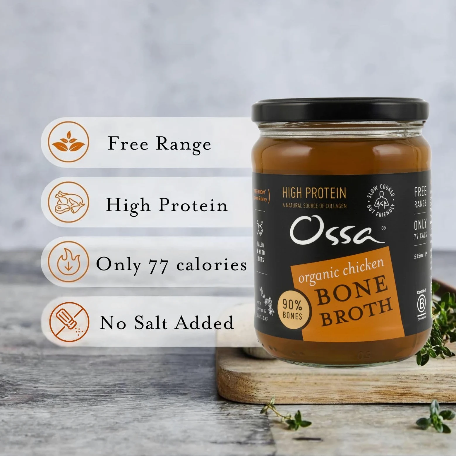 Ossa Chicken Ambient Bone Broth, High-Protein Broth, Preservative-Free Soup & Cooking Essential, Keto & Paleo-Friendly Soup Maker for Gut Health & Digestion, 515 mL
