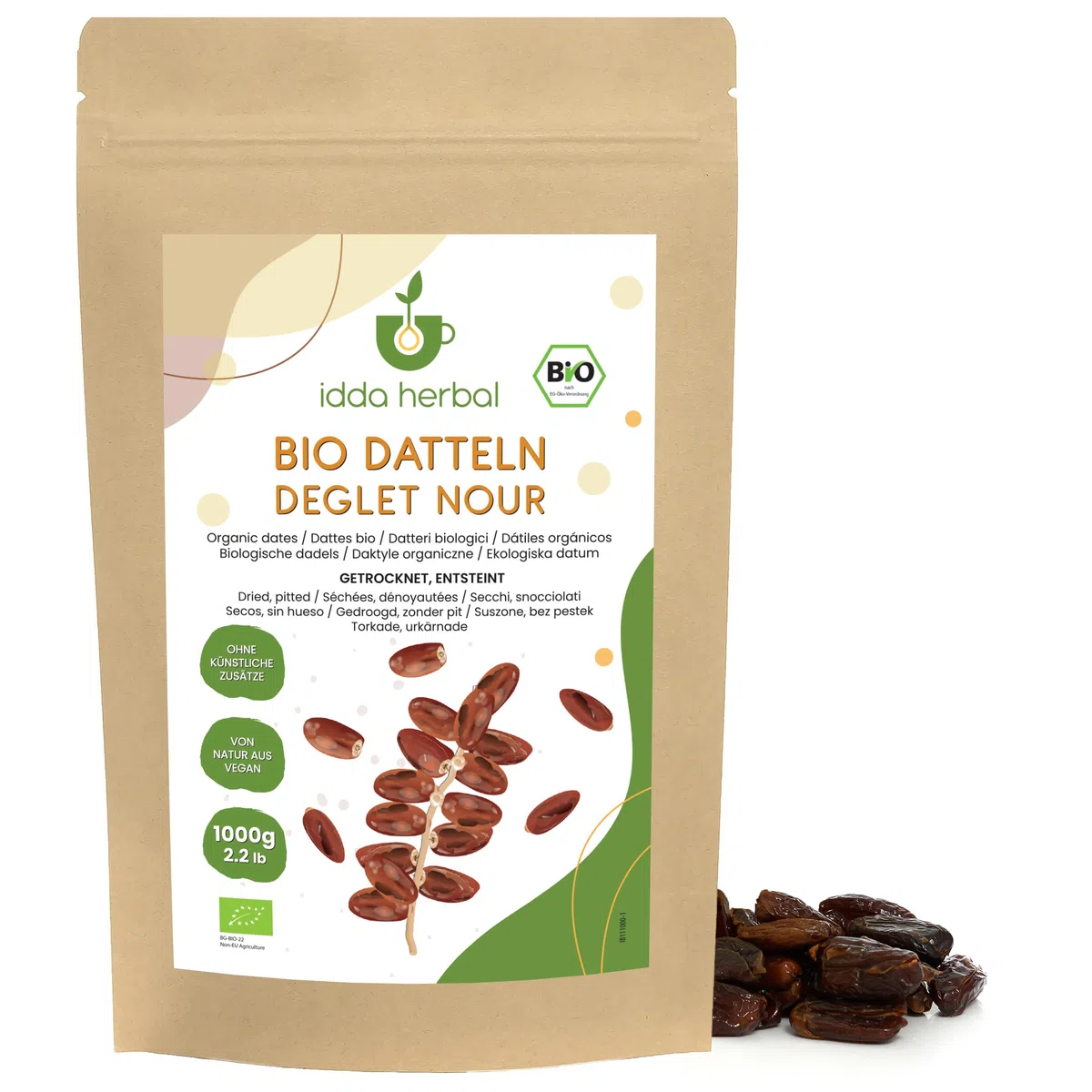IDDA Herbal Datteri BIO Denocciolati Secchi Deglet Nour 1kg, Datteri Biologici senza Zucchero, Snack di Frutta